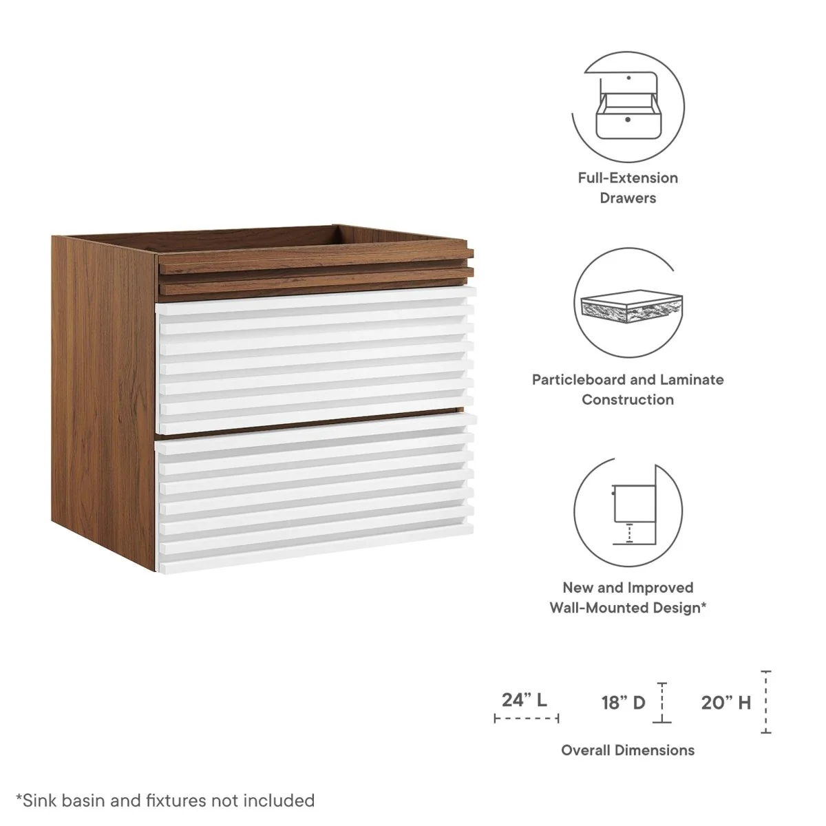 Mid-Century Wall-Mount Bathroom Vanity Cabinet — Available in Multiple Sizes and Finishes - Image 82