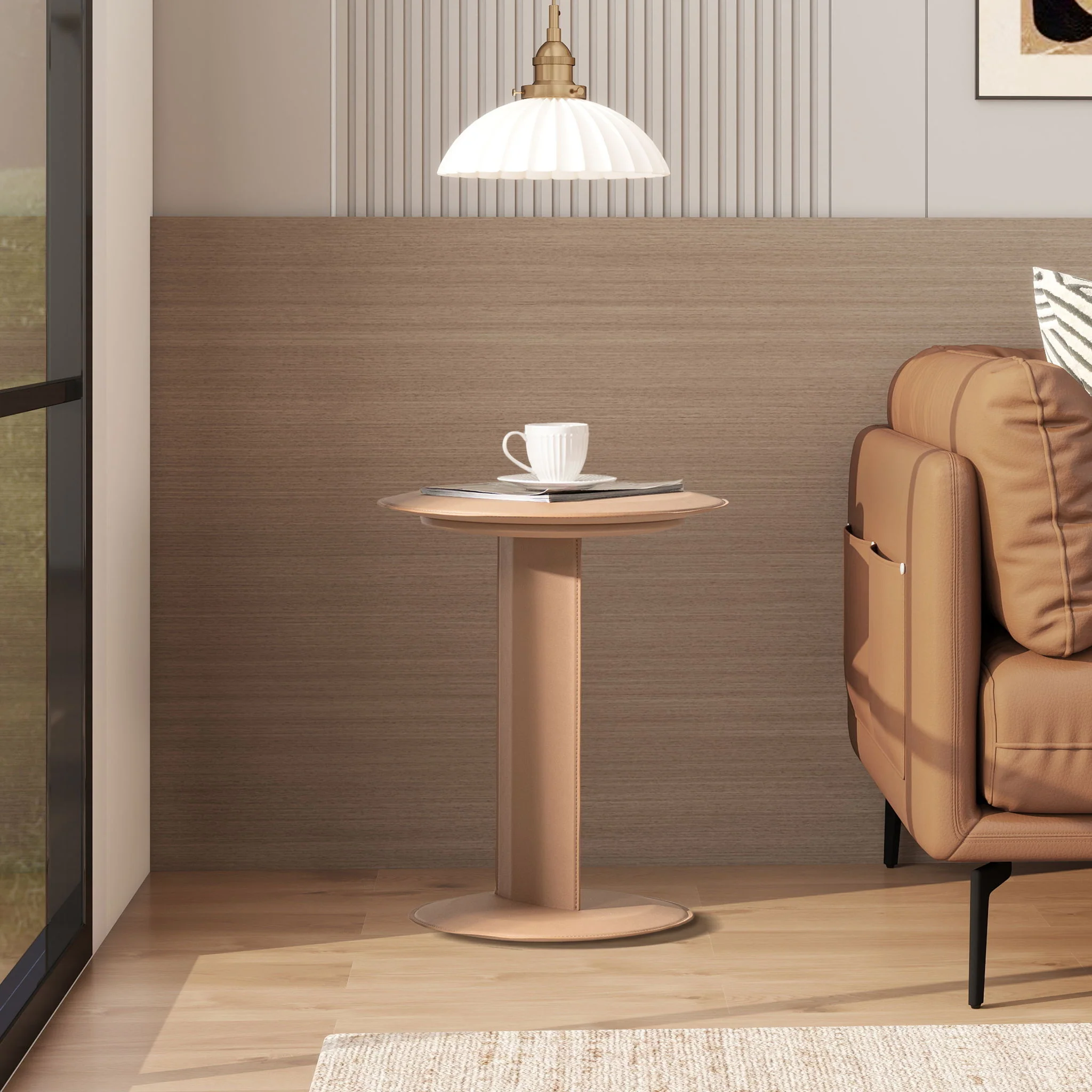 Mode - Leatherette Round C-Shaped Sofa Side Table - Saddle Brown - Image 7