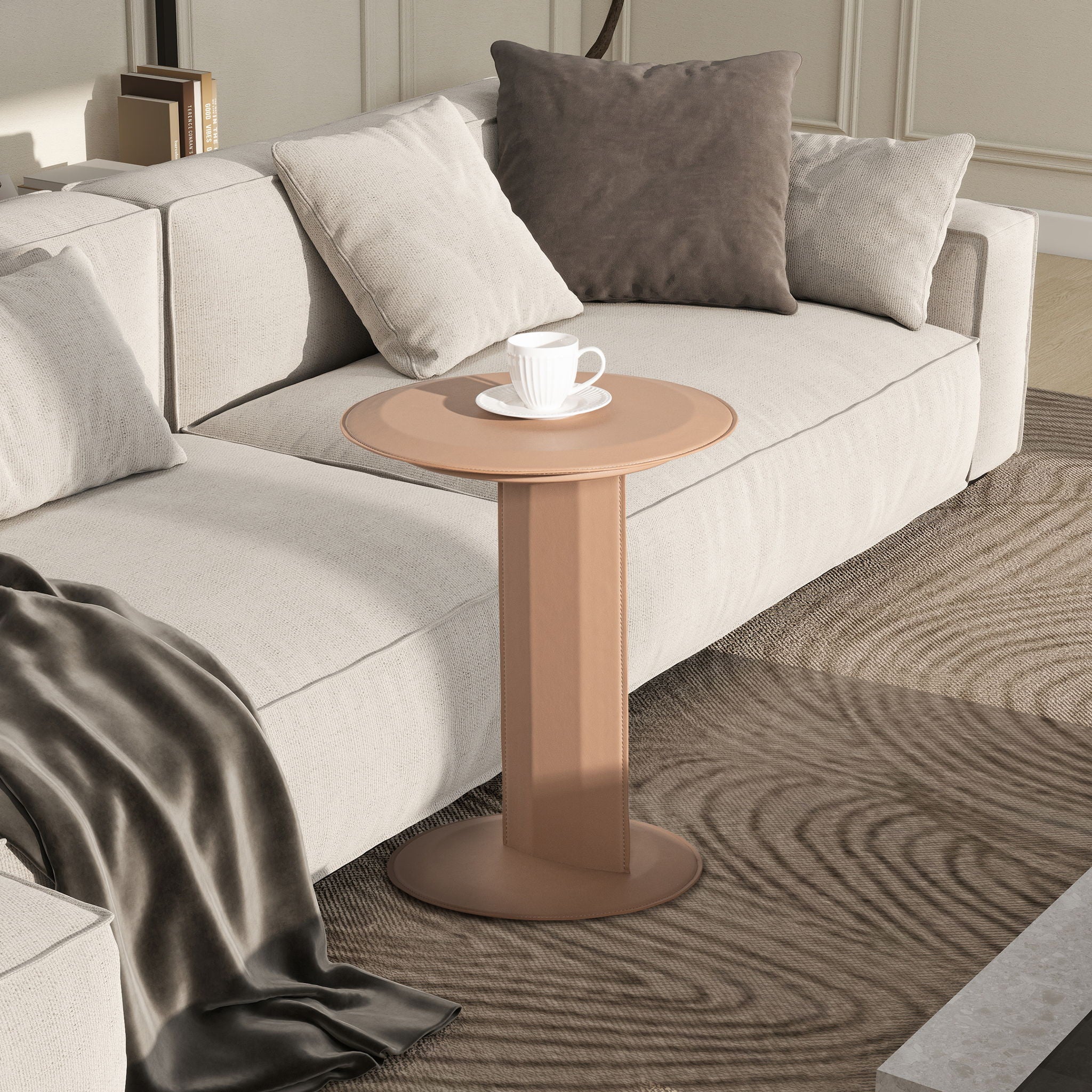 Mode - Leatherette Round C-Shaped Sofa Side Table - Saddle Brown - Image 9