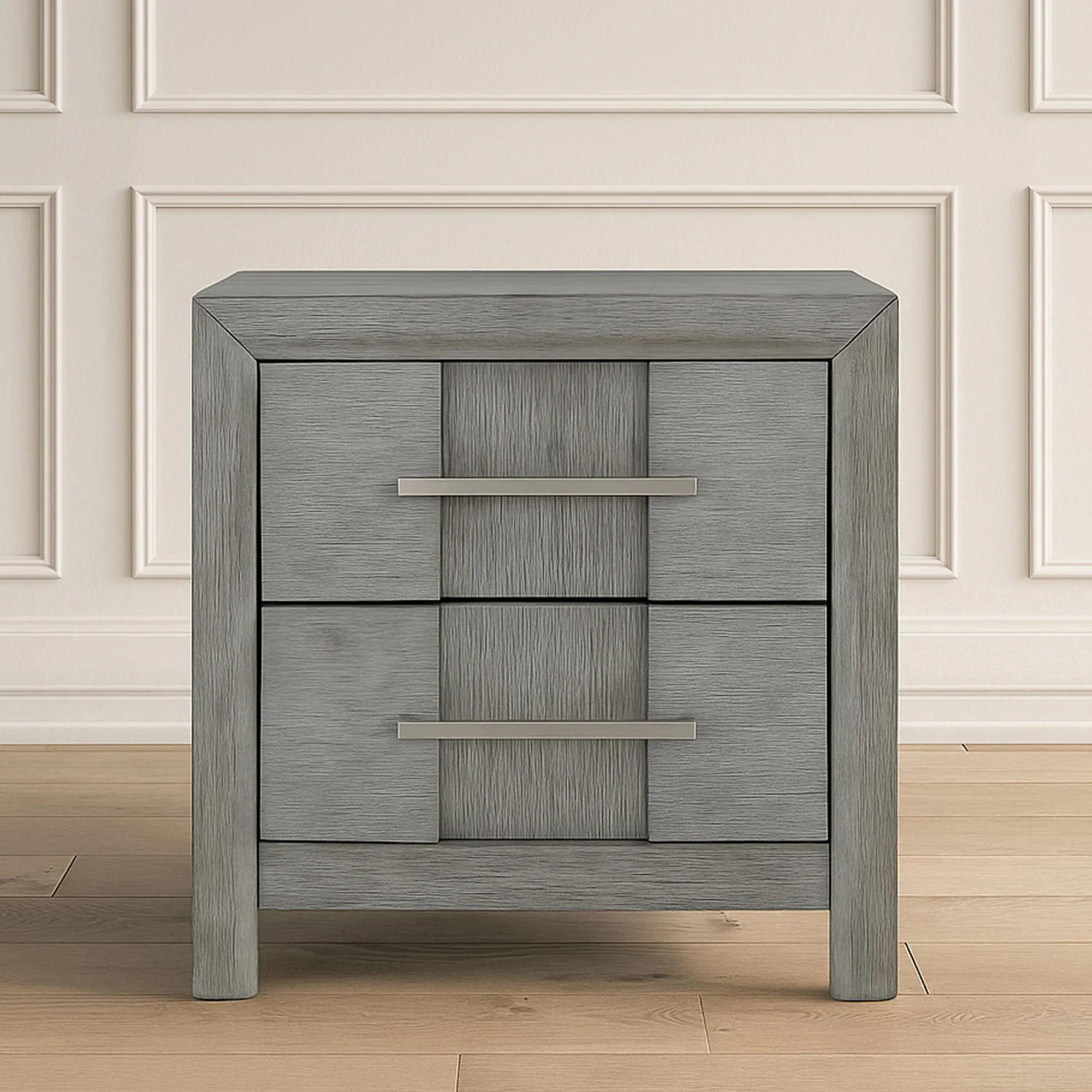 Modern 2 Drawer Nightstand In Gray Finish With Silver Metal Handles, Contemporary Bedside Table With Smooth Glide Drawers - Image 4