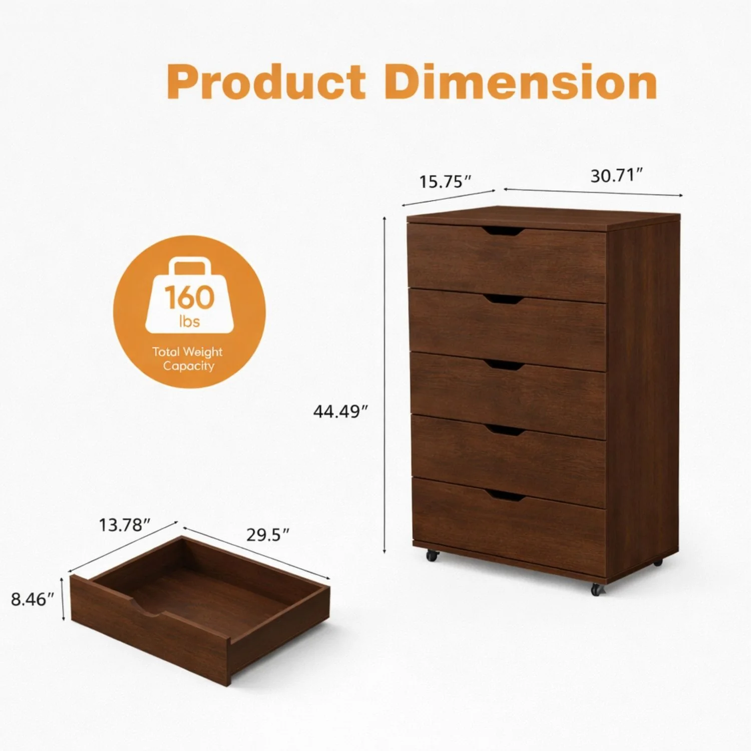 Modern 5 Drawer Dresser With Wheels - Image 12