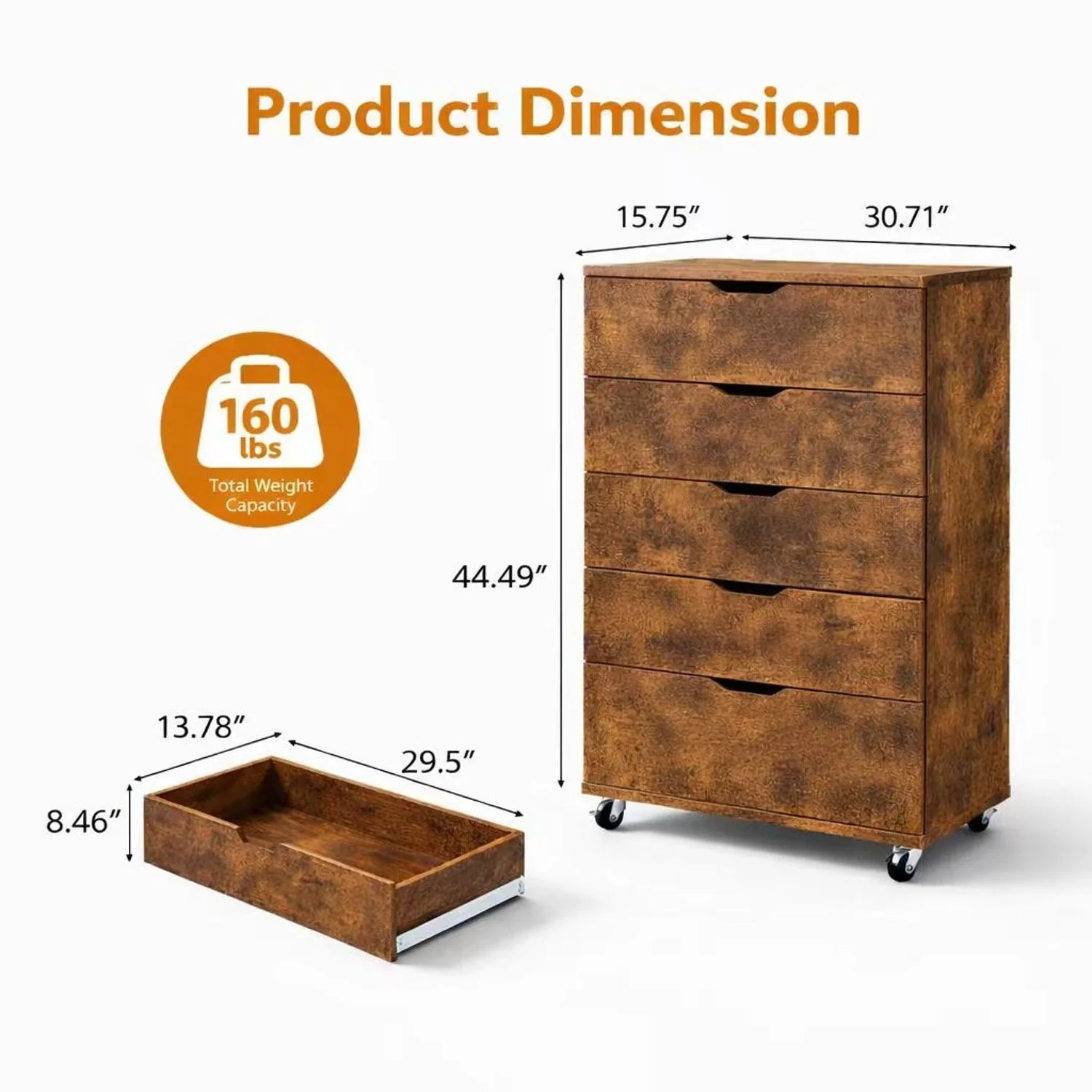 Modern 5 Drawer Dresser With Wheels - Image 14