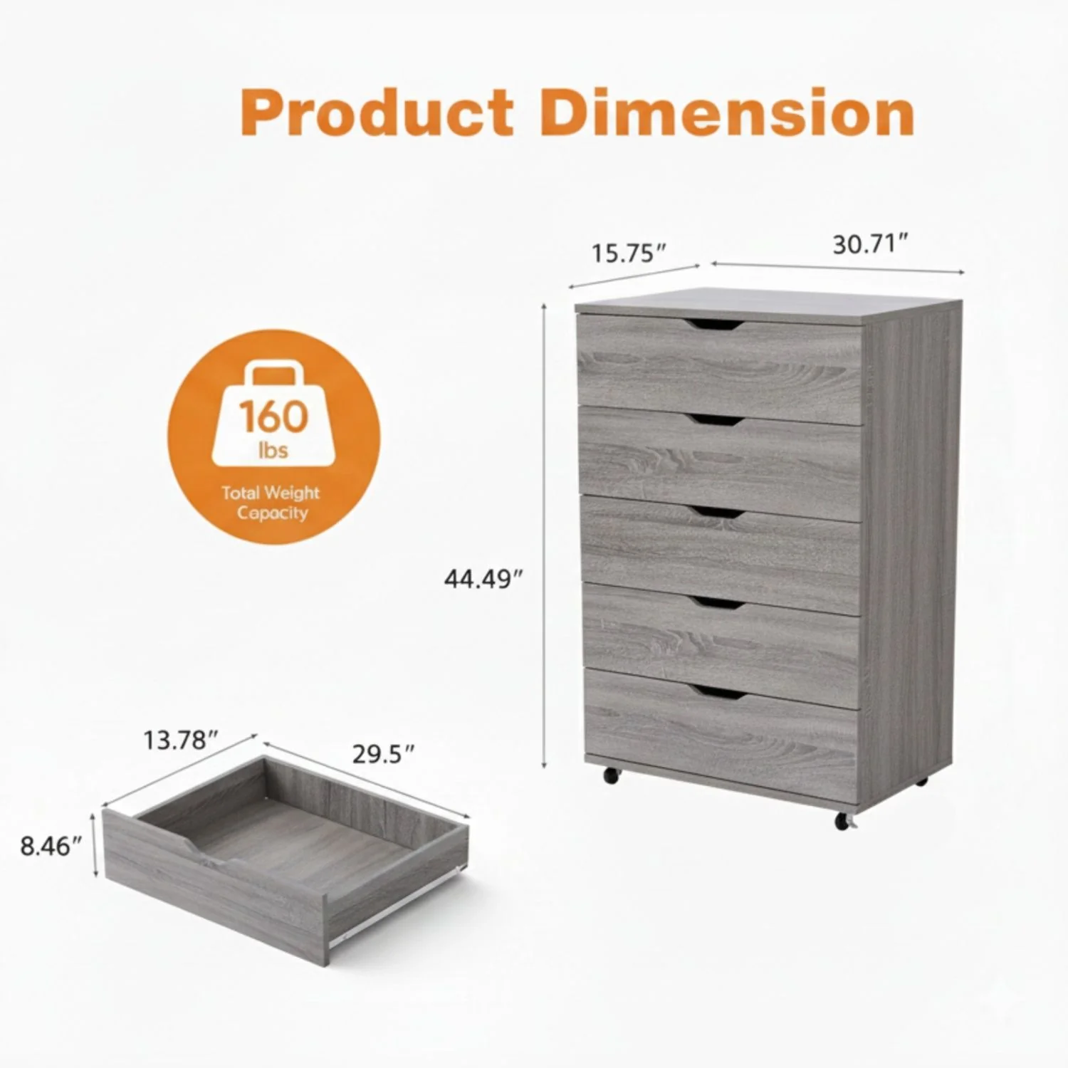 Modern 5 Drawer Dresser With Wheels - Image 7