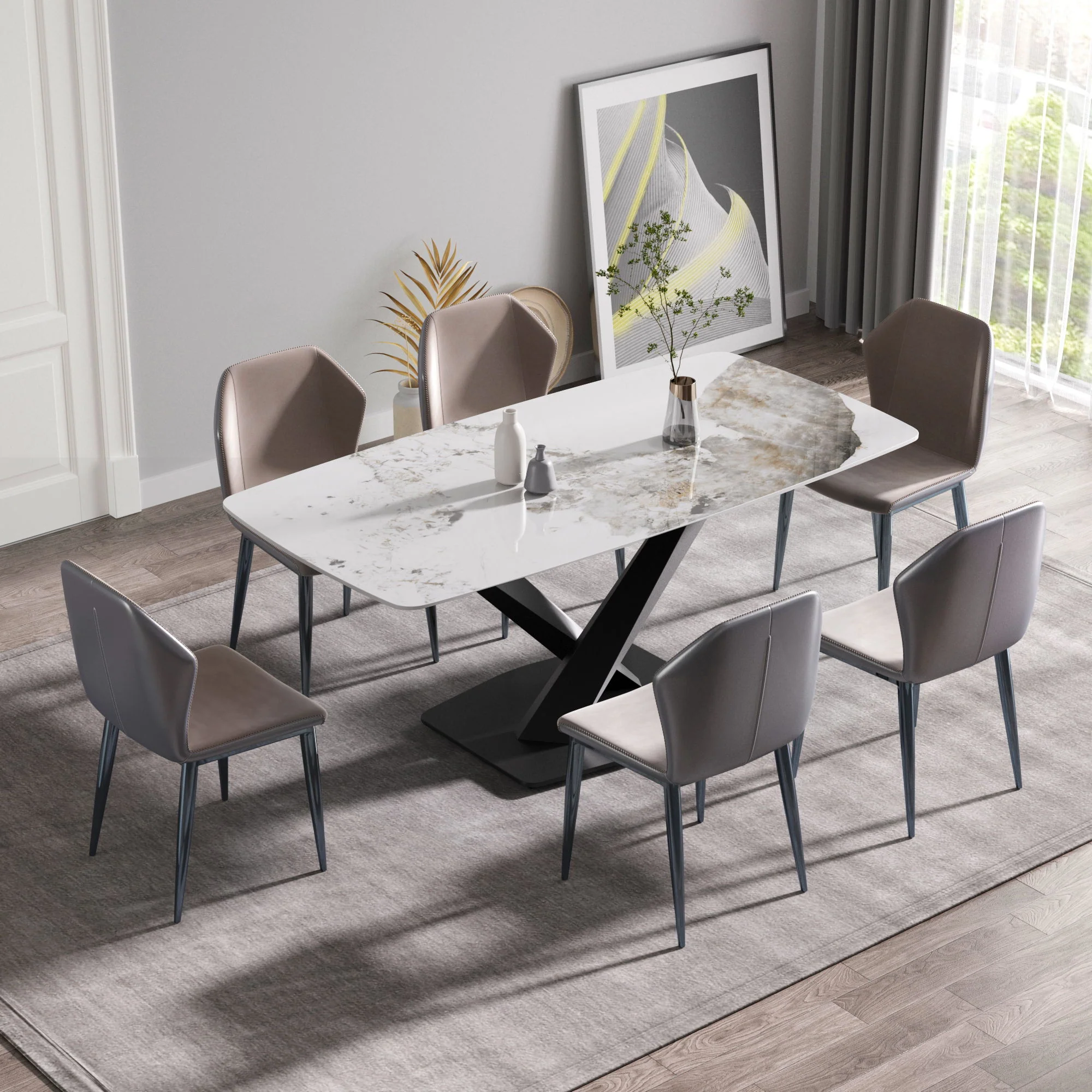 Modern Artificial Stone Pandora White Curved Metal Leg Dining Table, Can Accommodate 6-8 People - Antique White - Image 9