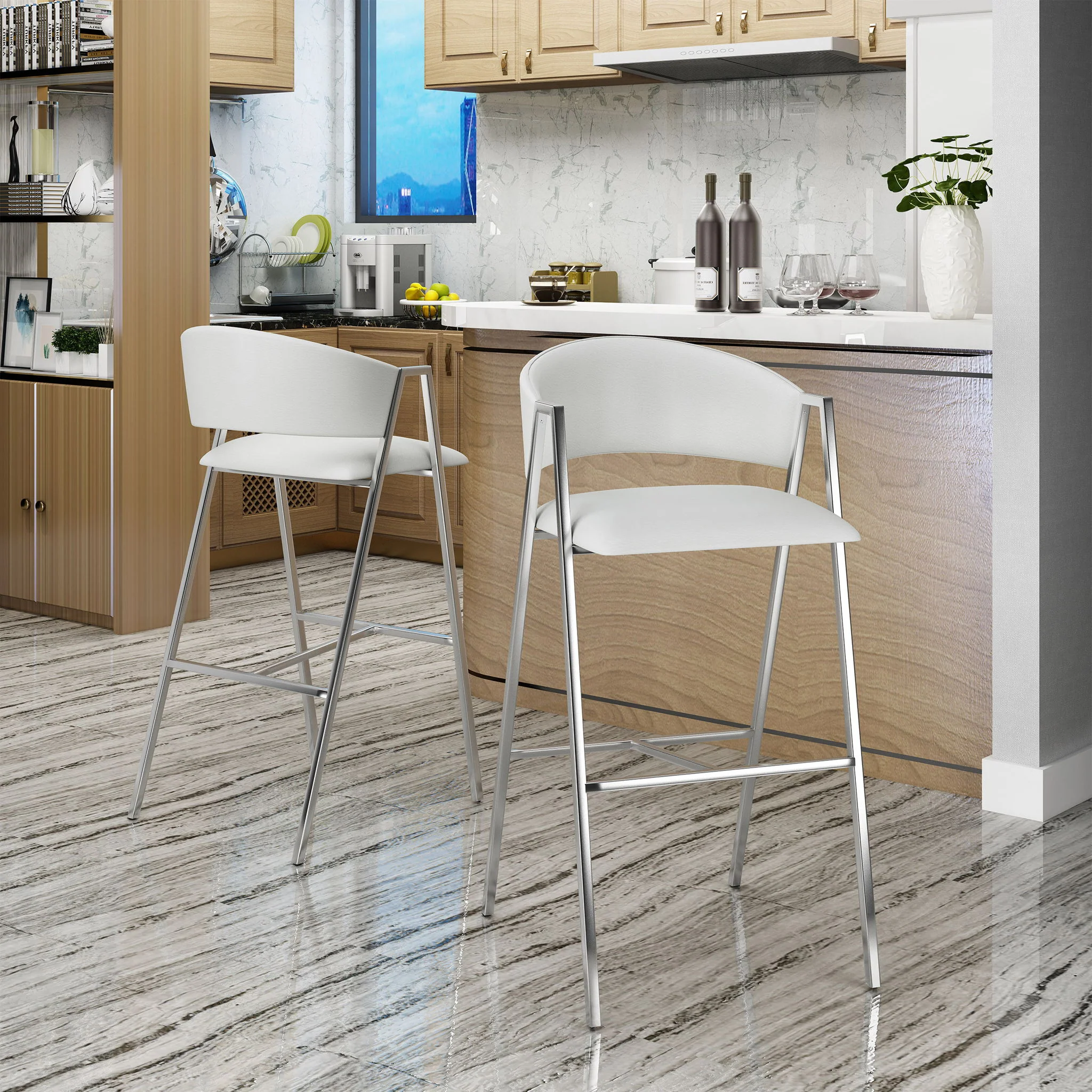 Modern Bar Stools With Low Back And Arms And Durable Metal Frame (Set of 2) - Ivory - Image 5