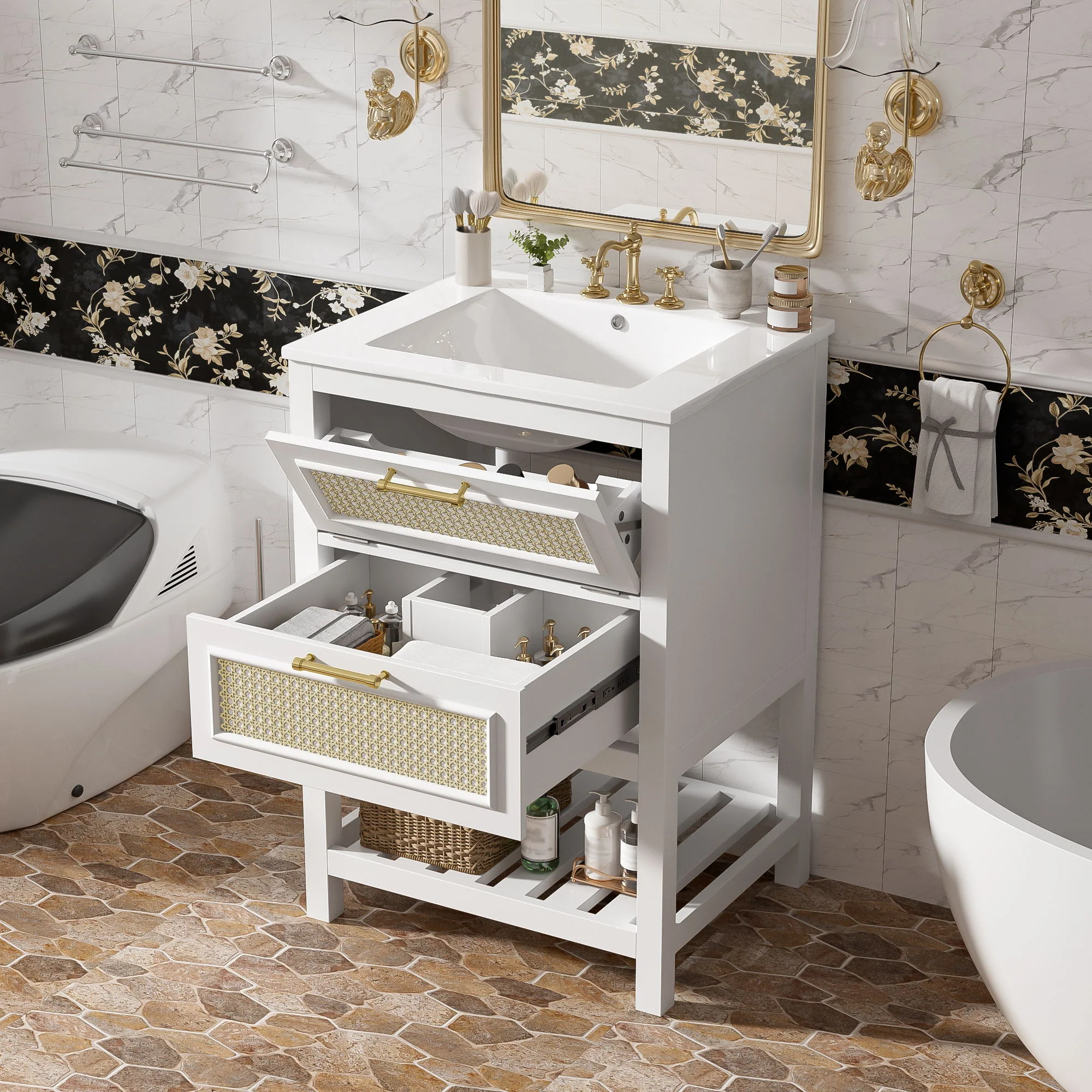 Modern Bathroom Vanity With Integrated Sink, Cabinet With 1 Deep Drawer And 1 Tip-Out Drawer - Image 8