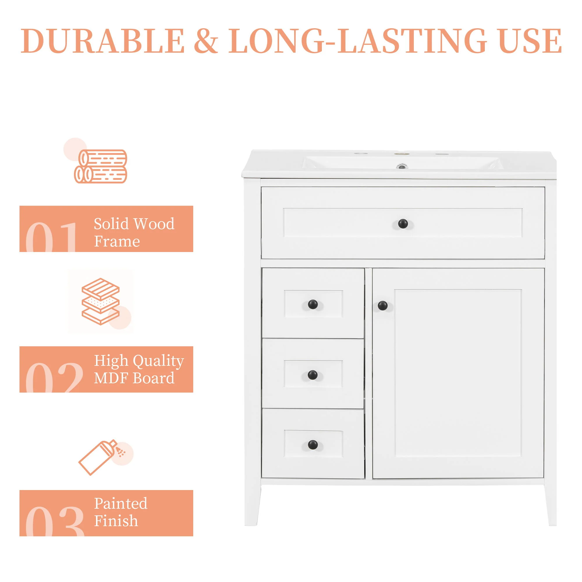 Modern Bathroom Vanity With Sink, 3 Drawers And Adjustable Shelf - Image 32