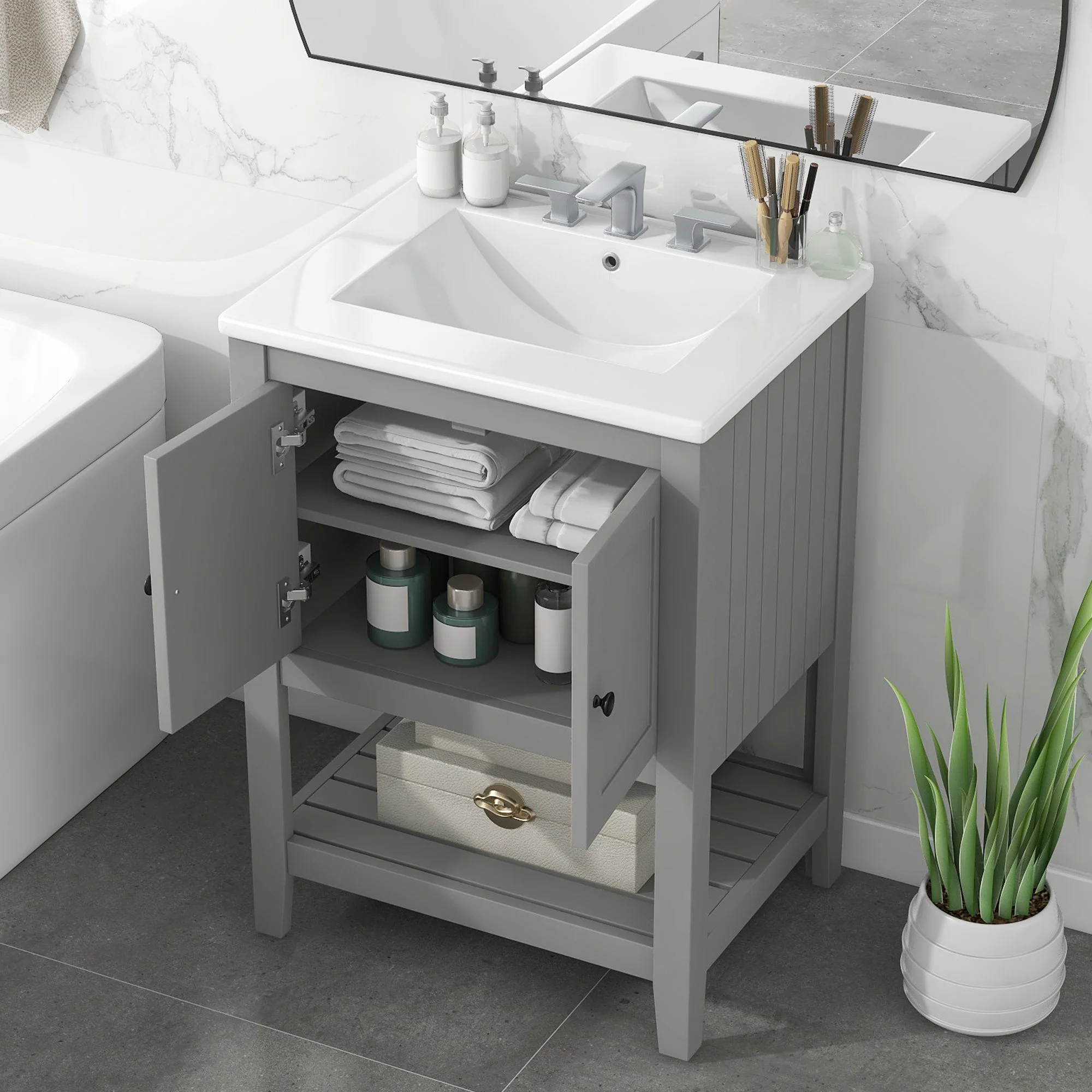 Modern Bathroom Vanity With Sink And Open Shelf - Image 15