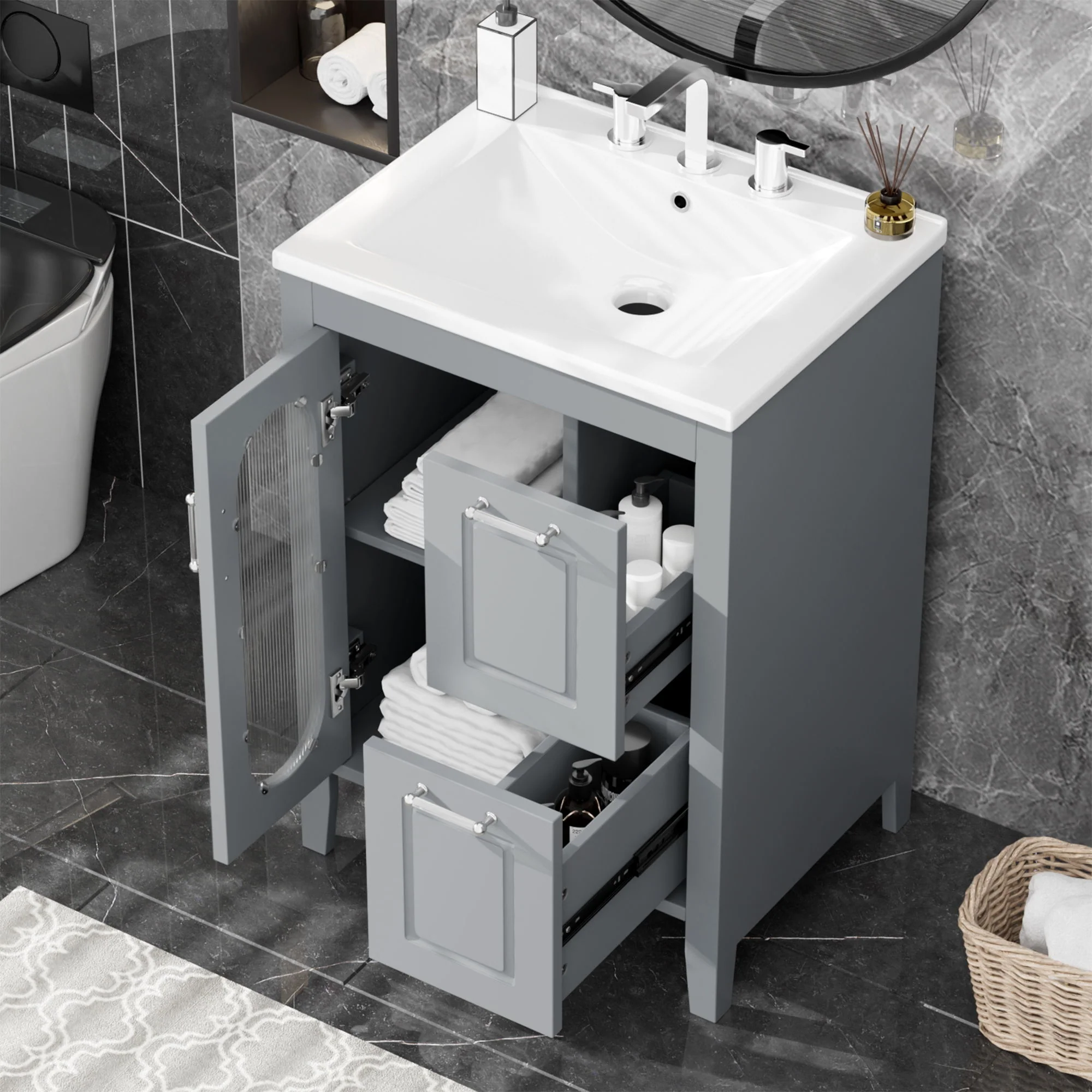 Modern Bathroom Vanity With Sink, Cabinet With 2 Drawers And Door, Adjustable Shelf - Image 12