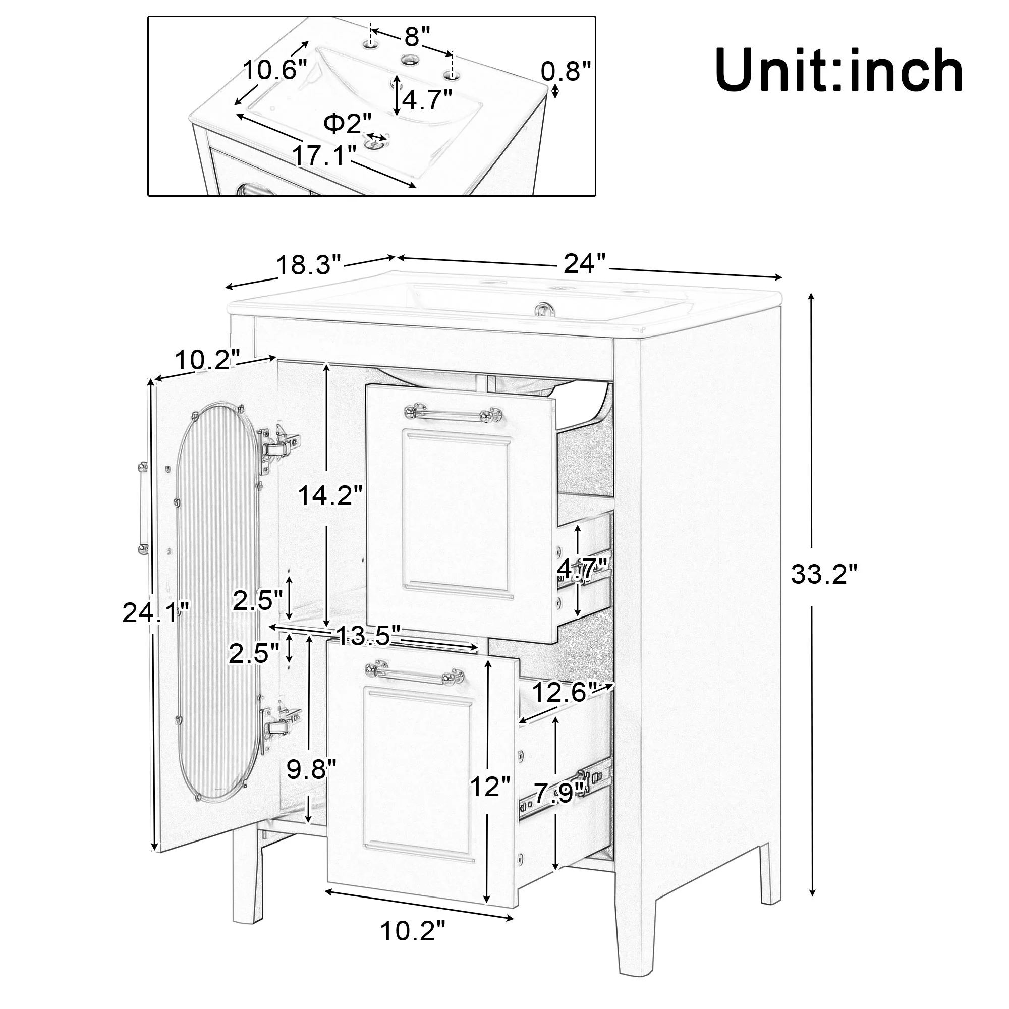 Modern Bathroom Vanity With Sink, Cabinet With 2 Drawers And Door, Adjustable Shelf - Image 14