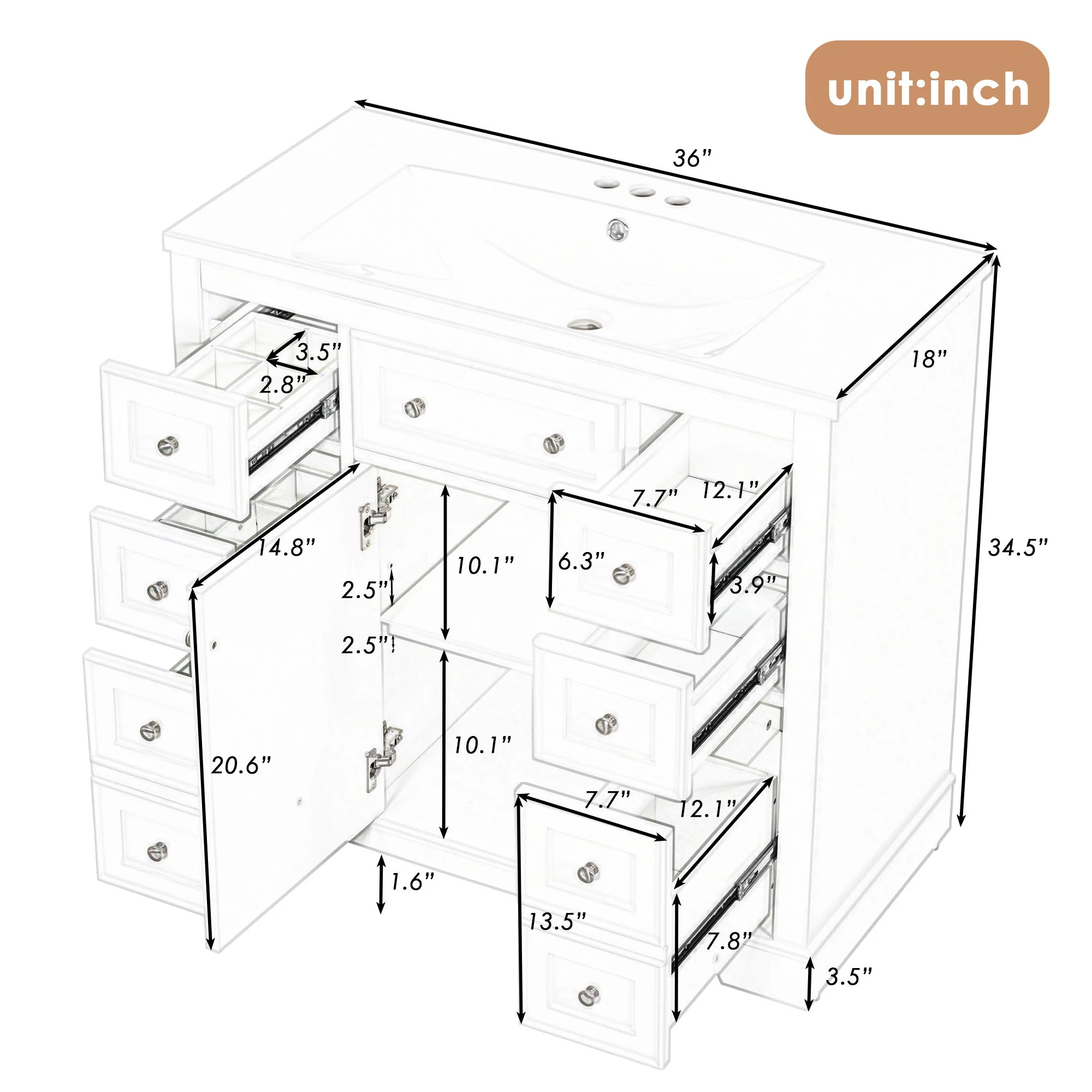 Modern Bathroom Vanity With Sink Combo, 6 Drawers And 1 Cabinet - Image 11