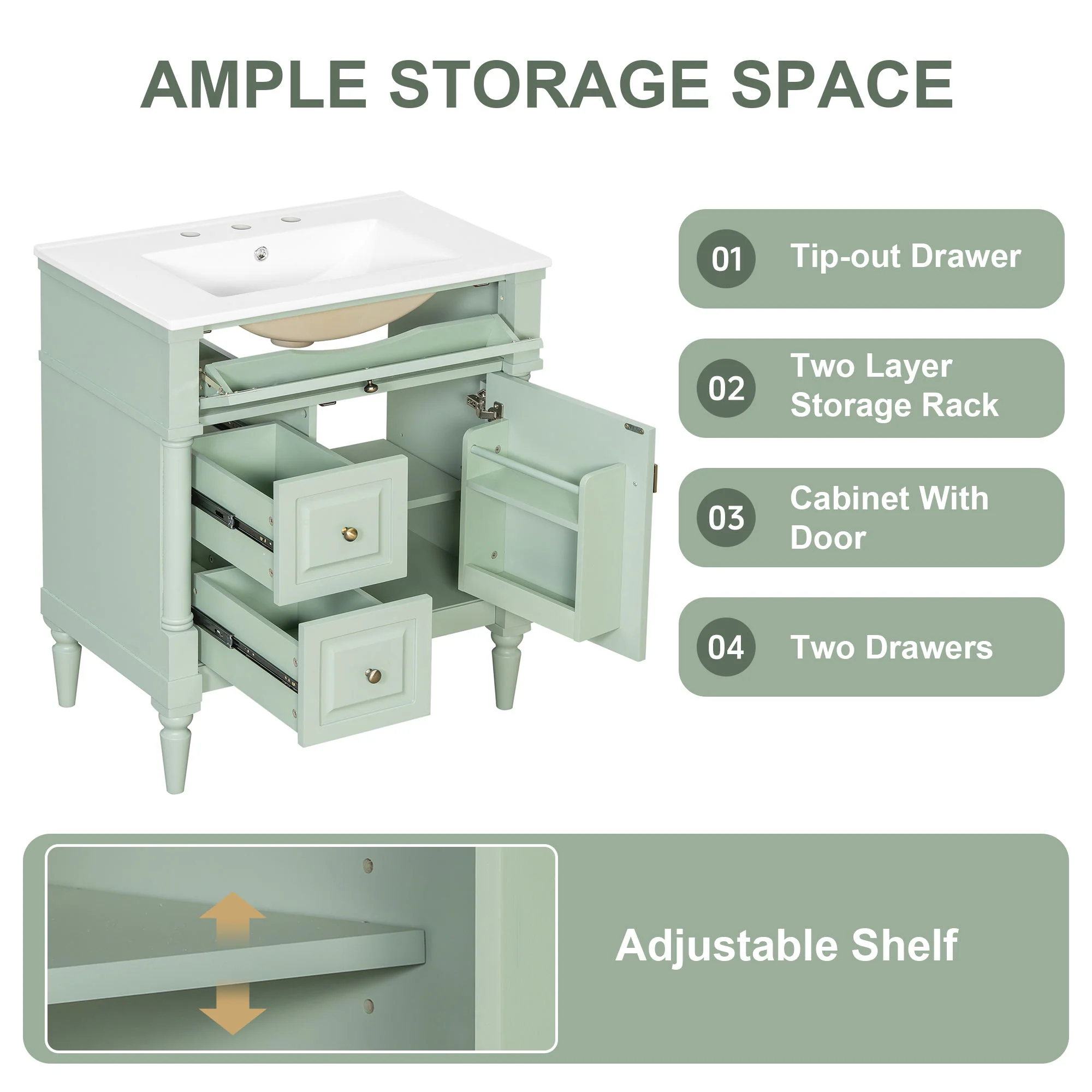 Modern Bathroom Vanity With Sink, Freestanding Cabinet With Flip Drawer & Adjustable Shelf - Image 36