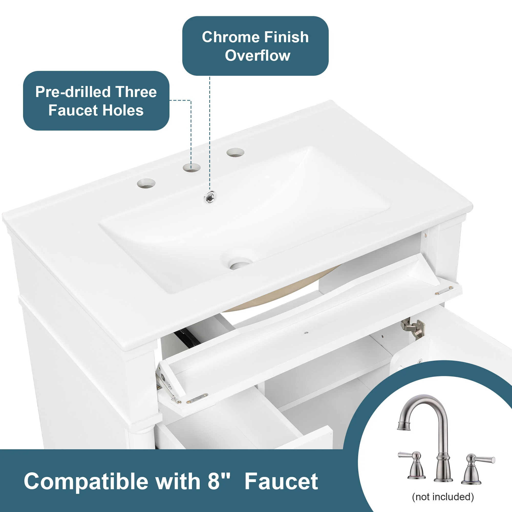 Modern Bathroom Vanity With Sink, Freestanding Cabinet With Flip Drawer & Adjustable Shelf - Image 6