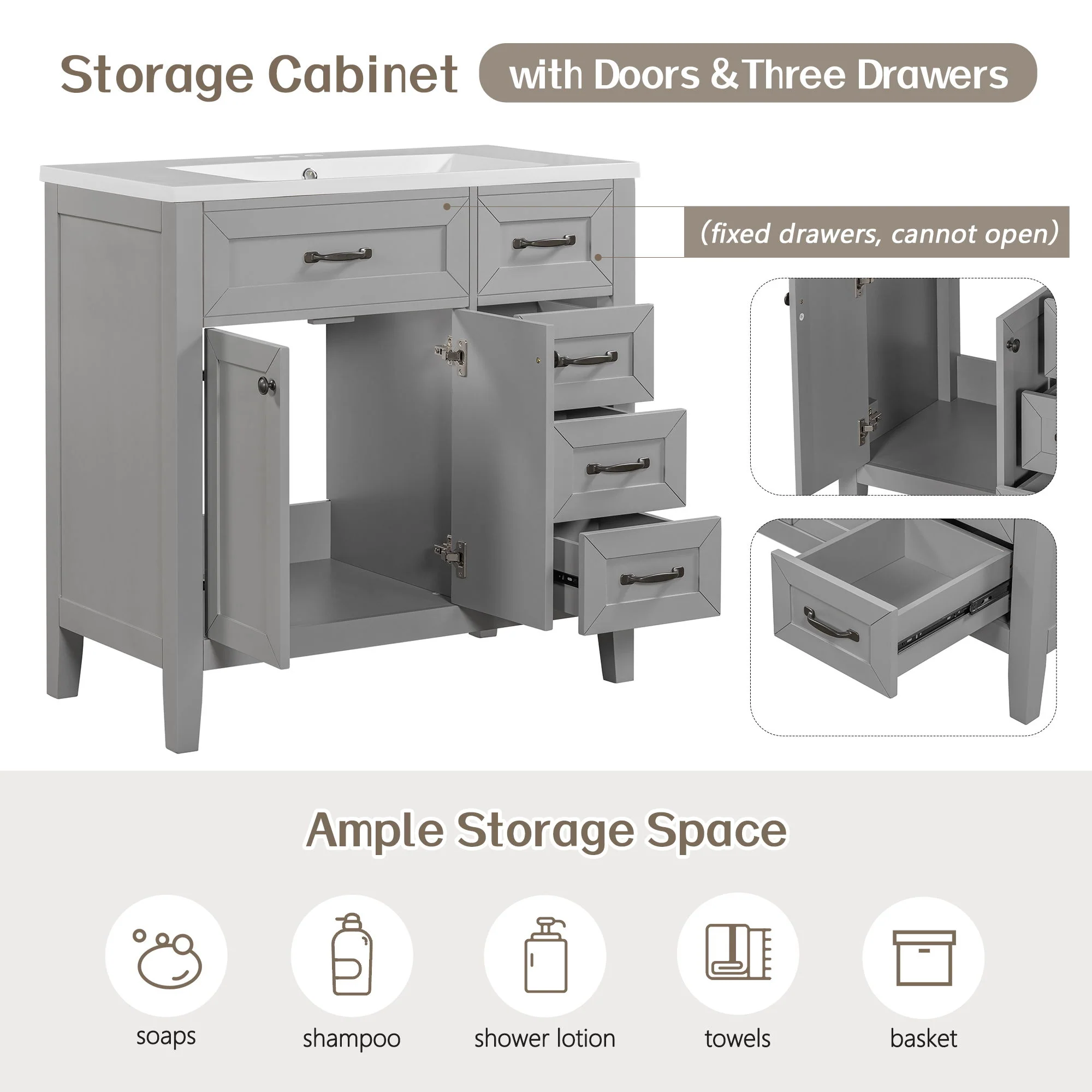 Modern Bathroom Vanity With Sink, Freestanding Design With Drawers And Doors - Image 28
