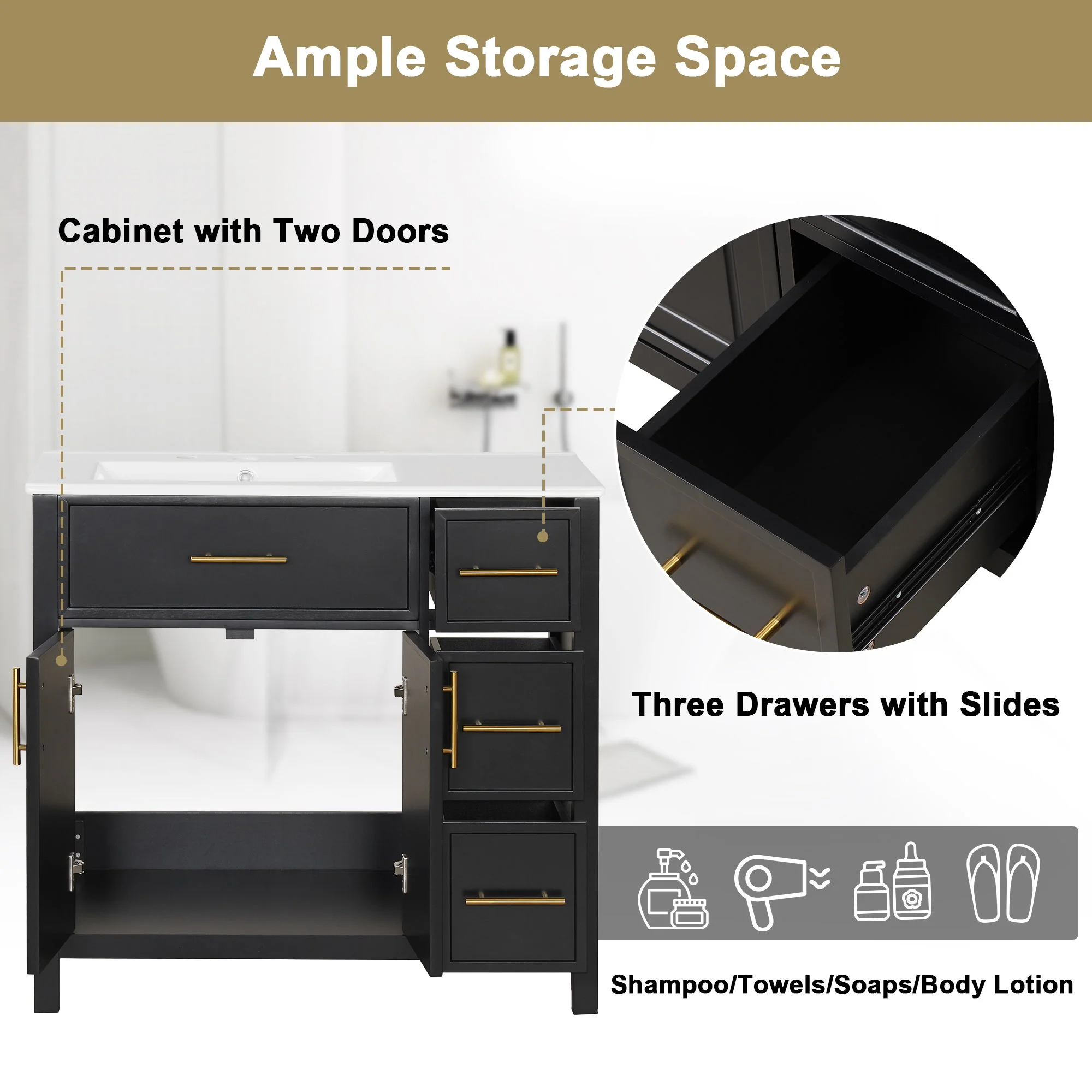 Modern Bathroom Vanity With Sink Top, 2 Doors And 3 Drawers - Image 15