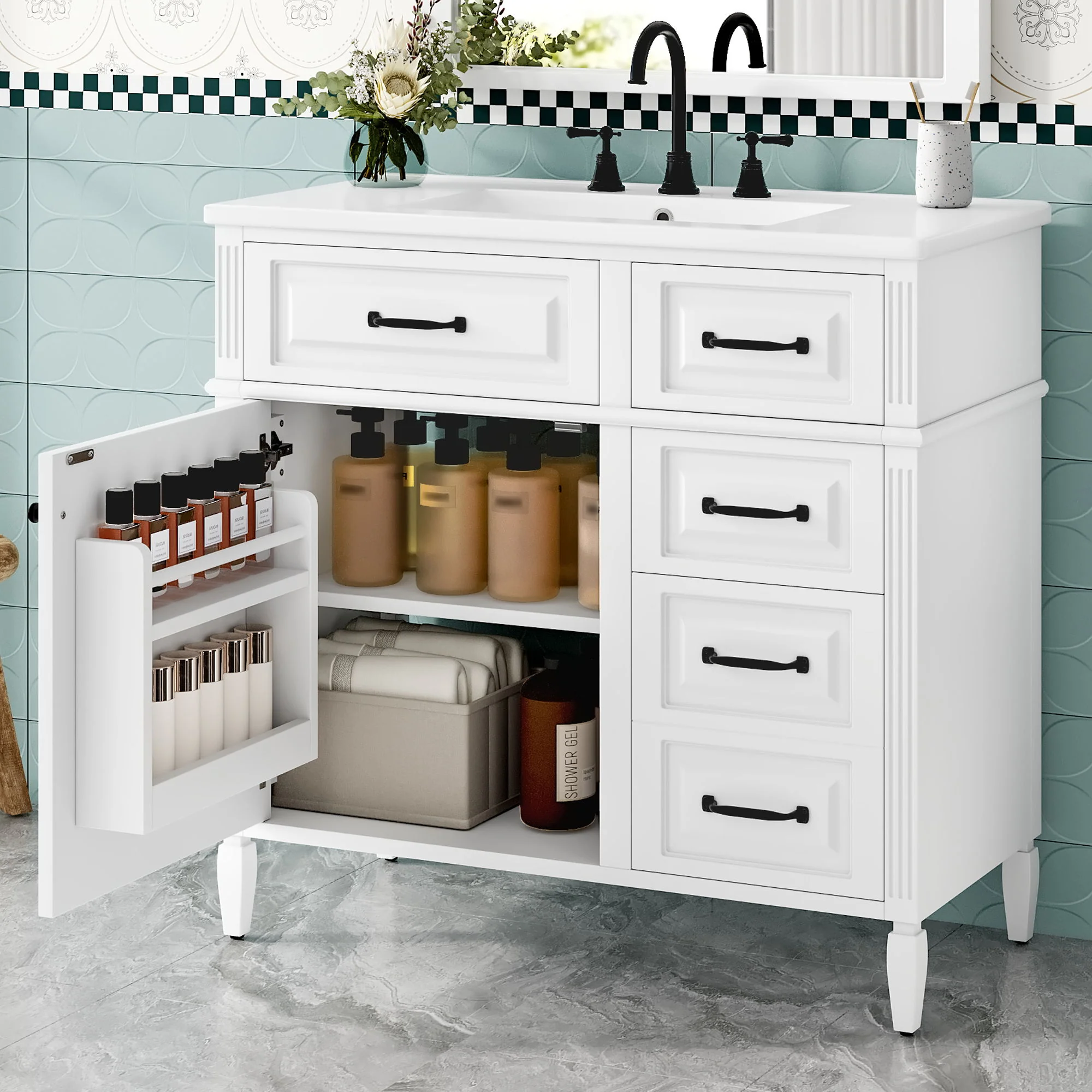Modern Bathroom Vanity With Sink Top, Flip Drawer Design - Image 10