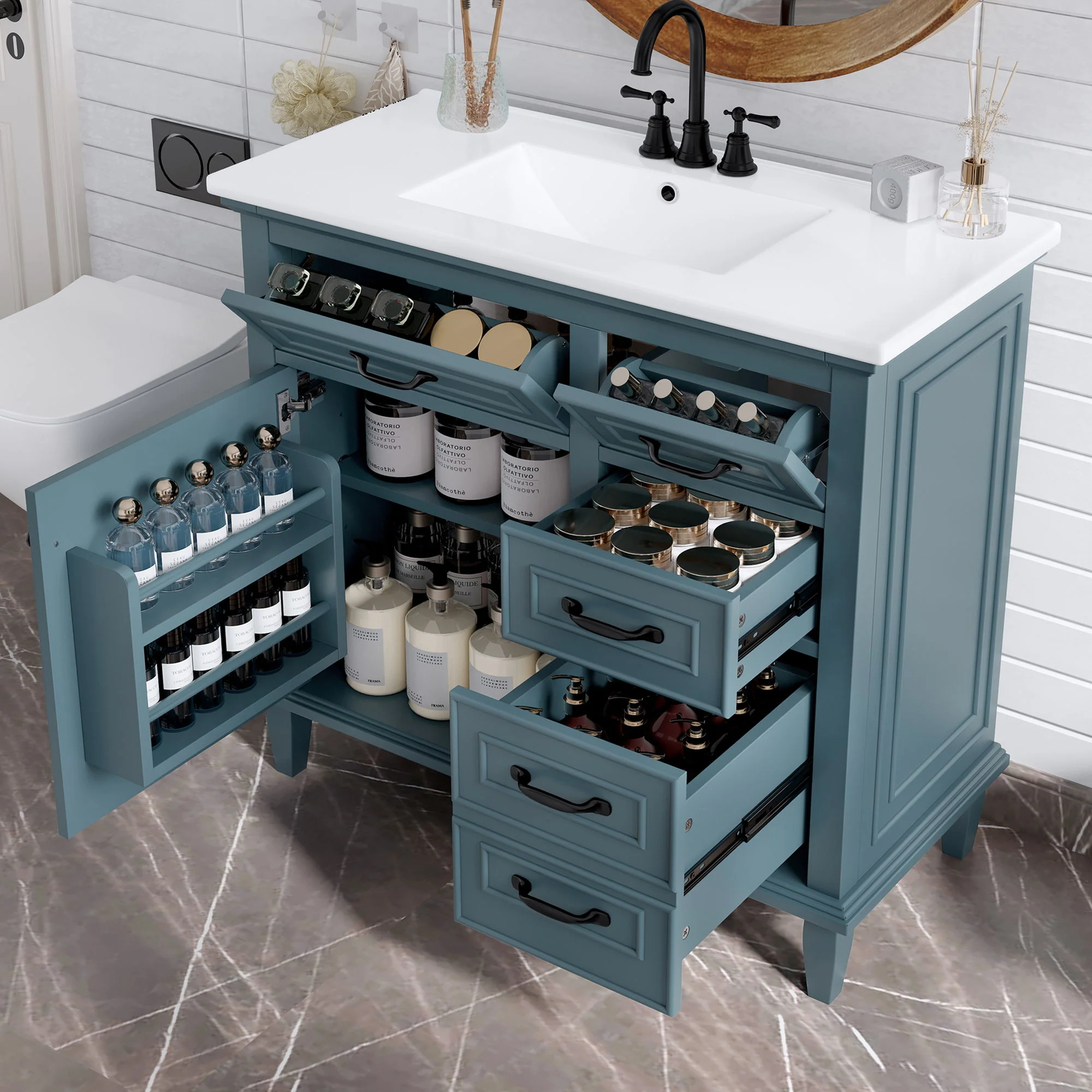 Modern Bathroom Vanity With Sink Top, Flip Drawers, Adjustable Shelf - Image 13