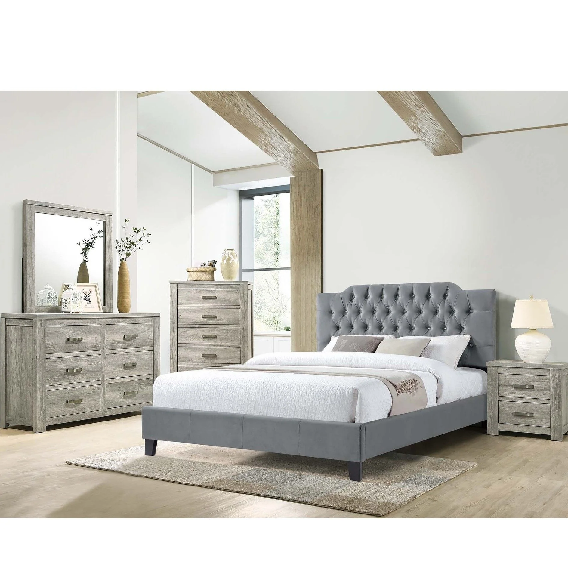 Modern Bed Frame With Tufted Upholstered Headboard - Image 14
