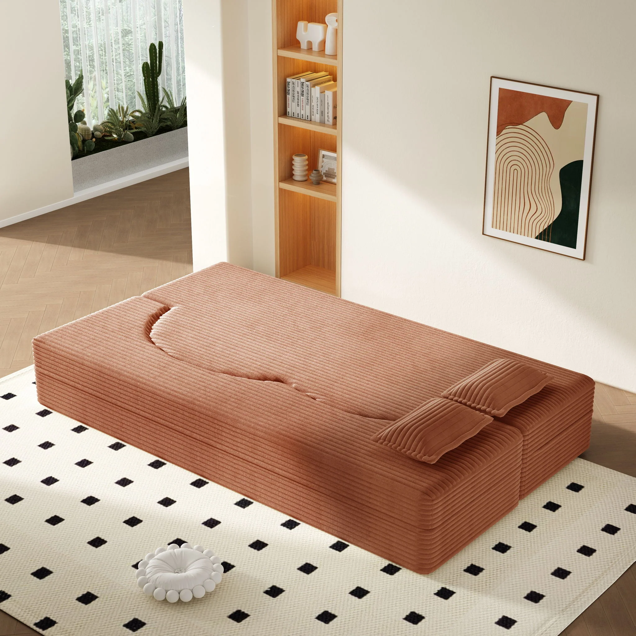 Modern Floor Sofa With 2 Pillows, Convertible Twin Size Folding Mattress For Living Room - Image 14