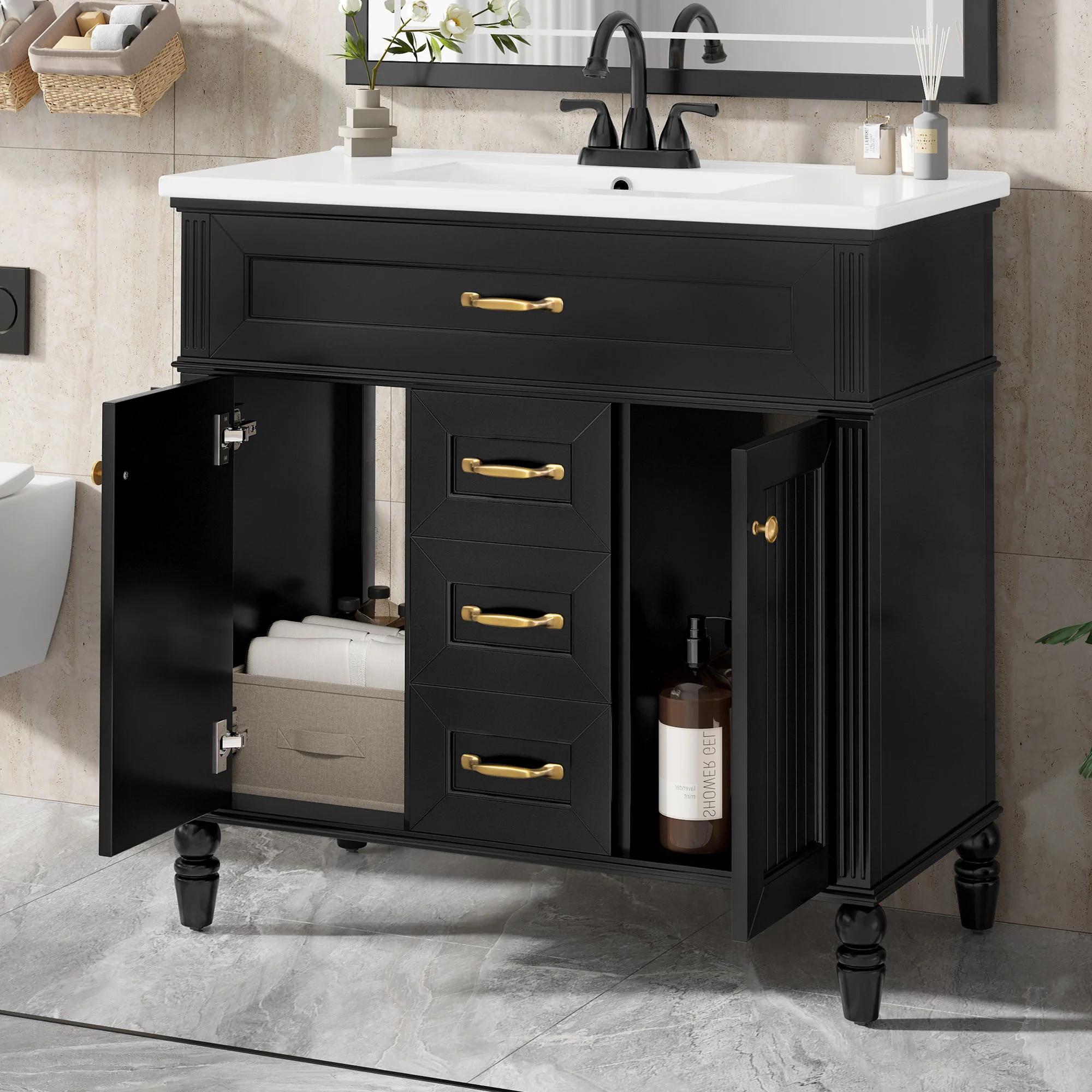 Modern Freestanding Bathroom Vanity With Sink, Cabinet, Soft-Close Drawers, Tip-Out Tray - Image 10