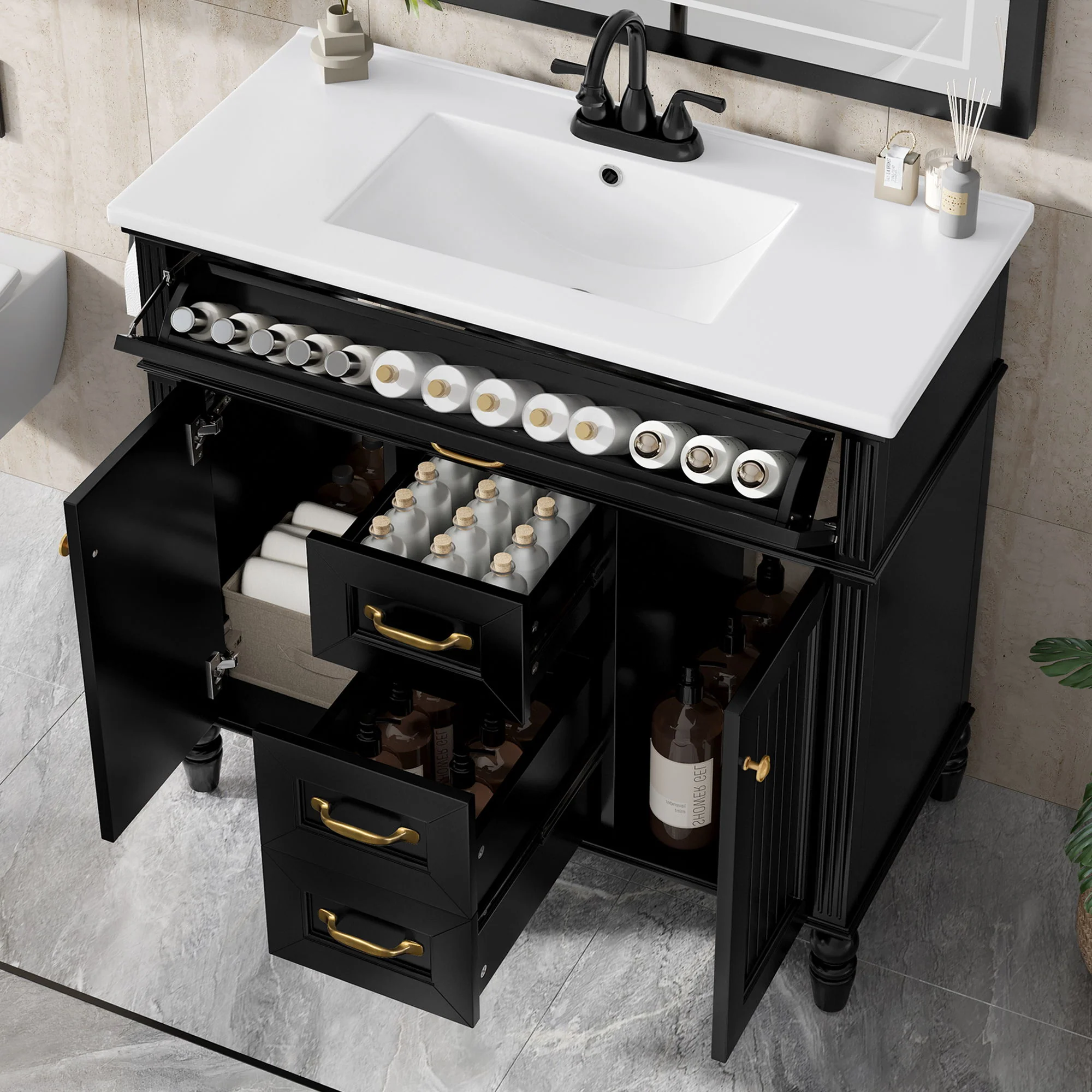 Modern Freestanding Bathroom Vanity With Sink, Cabinet, Soft-Close Drawers, Tip-Out Tray - Image 9