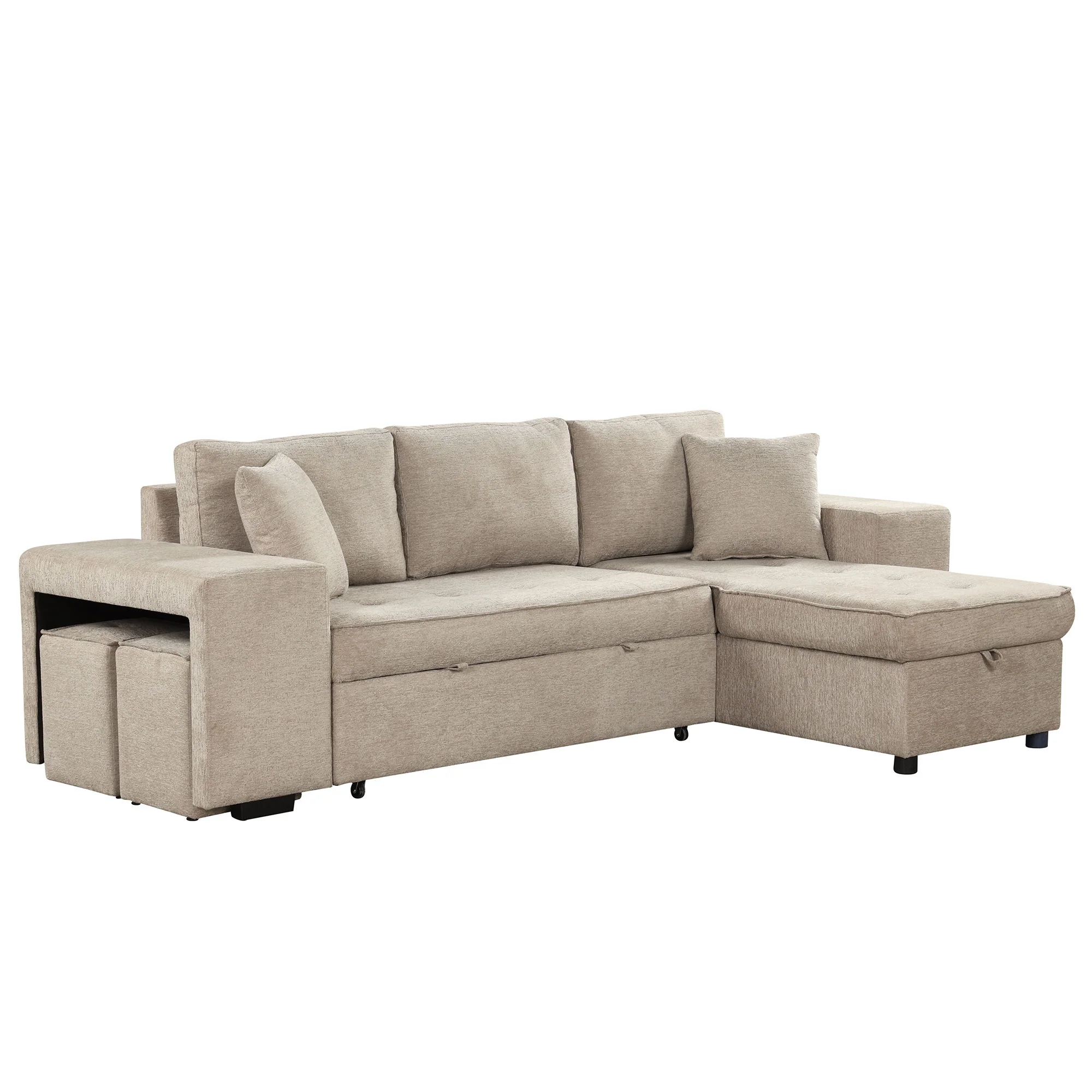 Modern L-Shape 3 Seat Reversible Sectional Couch, Pull Out Sleeper Sofa With Storage Chaise And 2 Stools For Living Room Furniture Set - Image 4