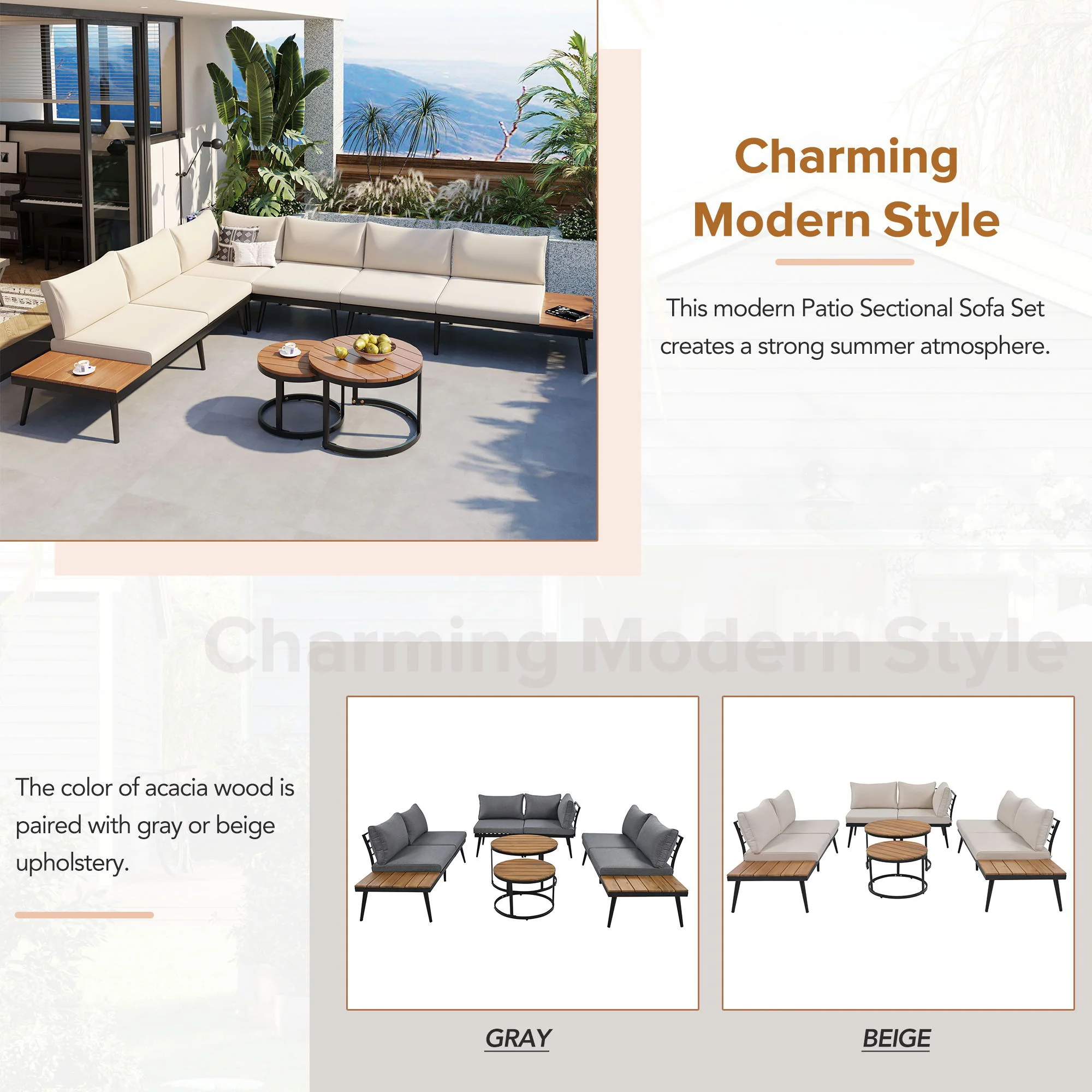 Modern Outdoor Sectional Sofa Set With Nesting Coffee Tables - Image 10