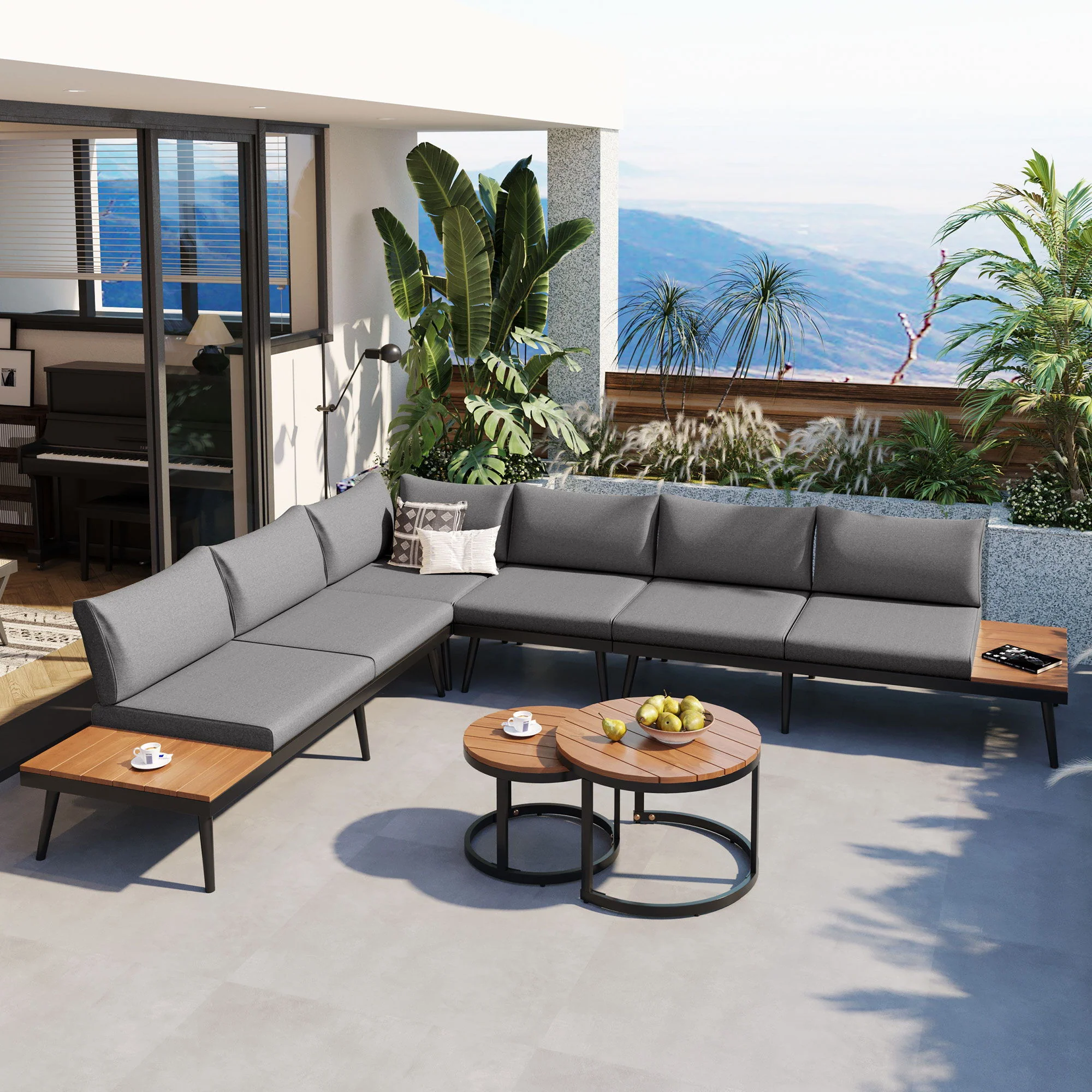 Modern Outdoor Sectional Sofa Set With Nesting Coffee Tables - Image 6
