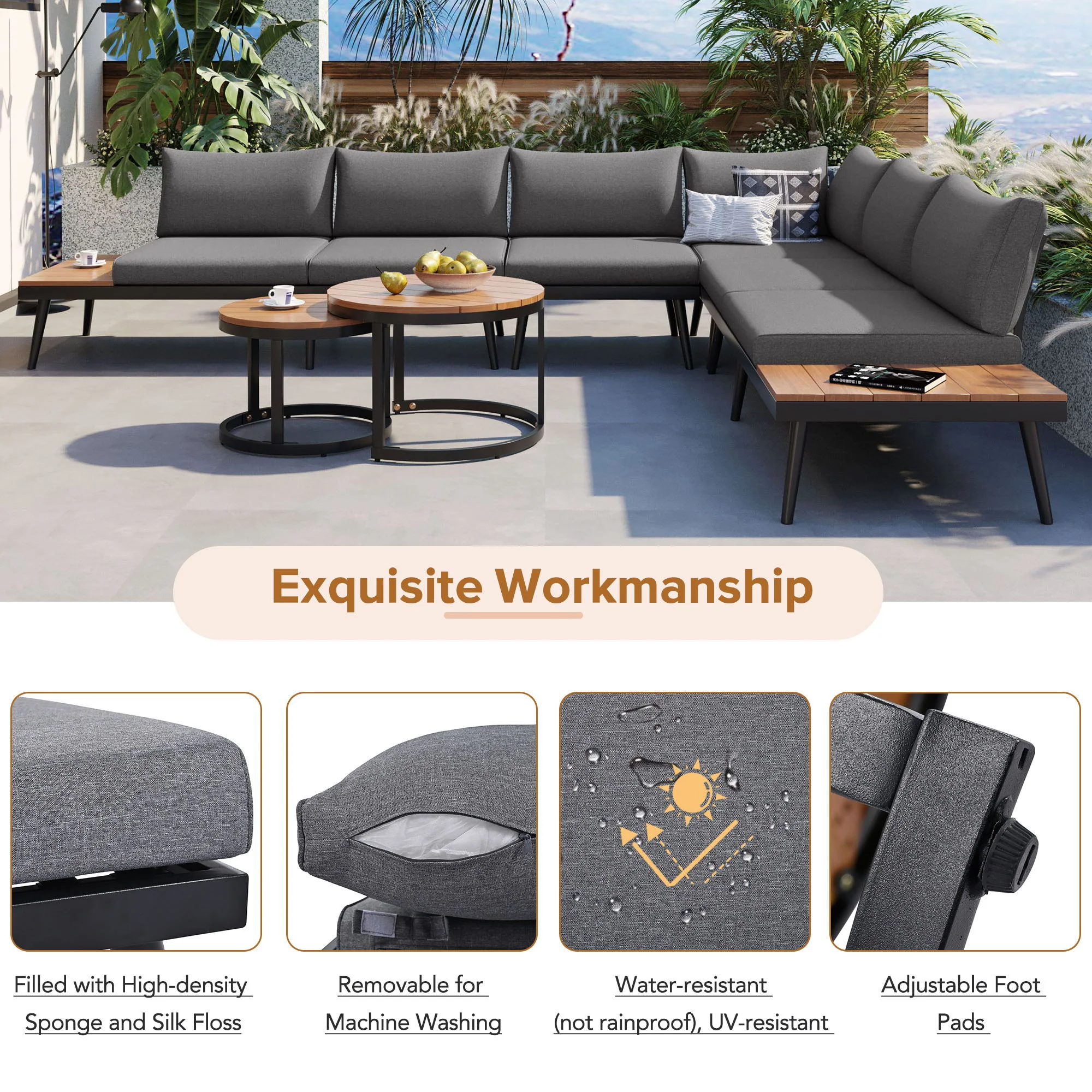 Modern Outdoor Sectional Sofa Set With Nesting Coffee Tables - Image 7