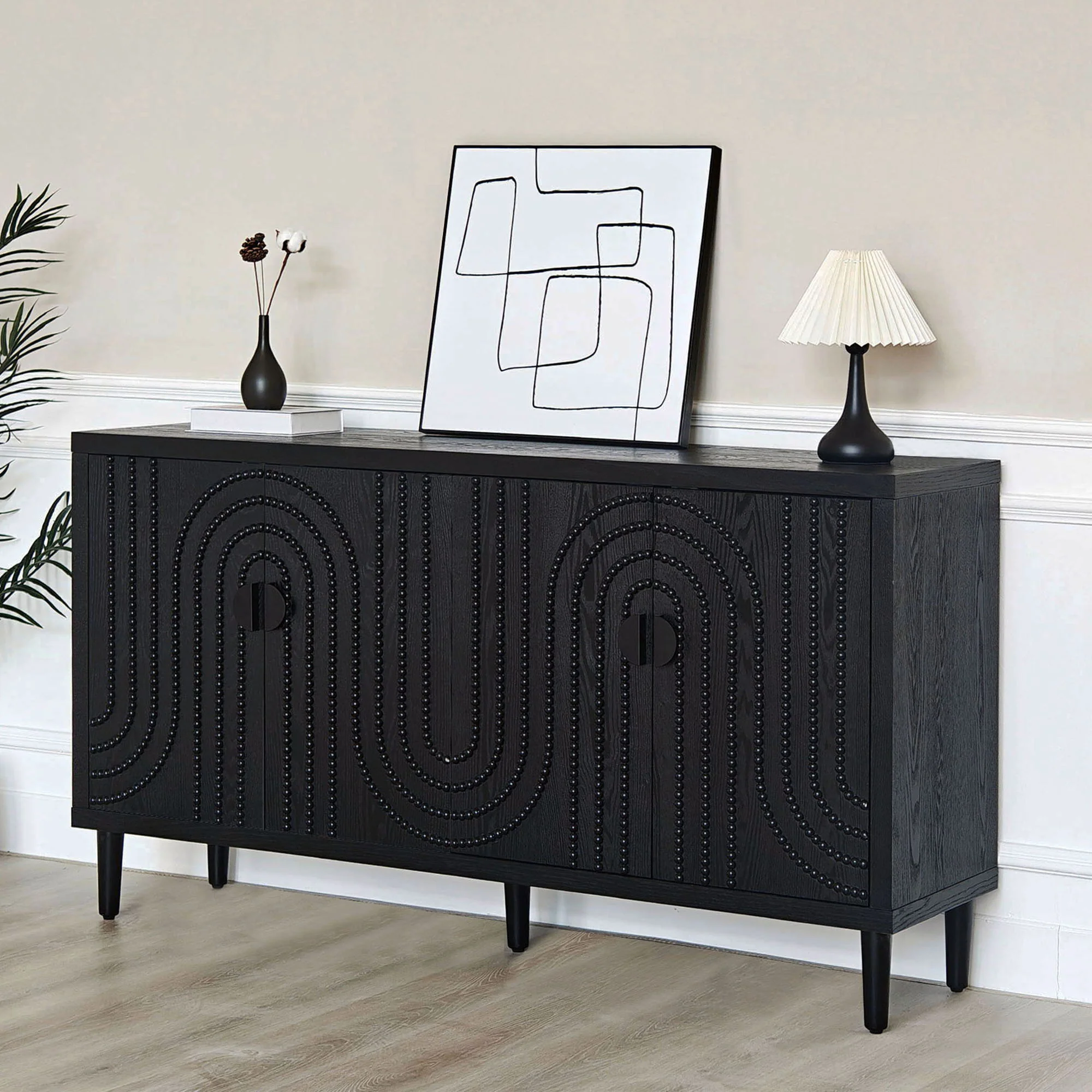 Modern Sideboard Cabinet With Decorative Nailhead Accents, Stylish Storage Solution For Dining, Living Rooms - Black - Image 2