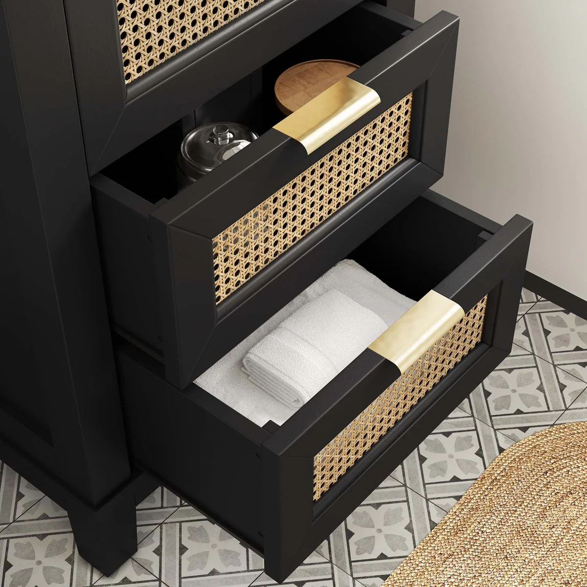 Modern Solid Wood Bathroom Vanity with Rattan Drawers, Contemporary Bathroom Furniture - Image 4