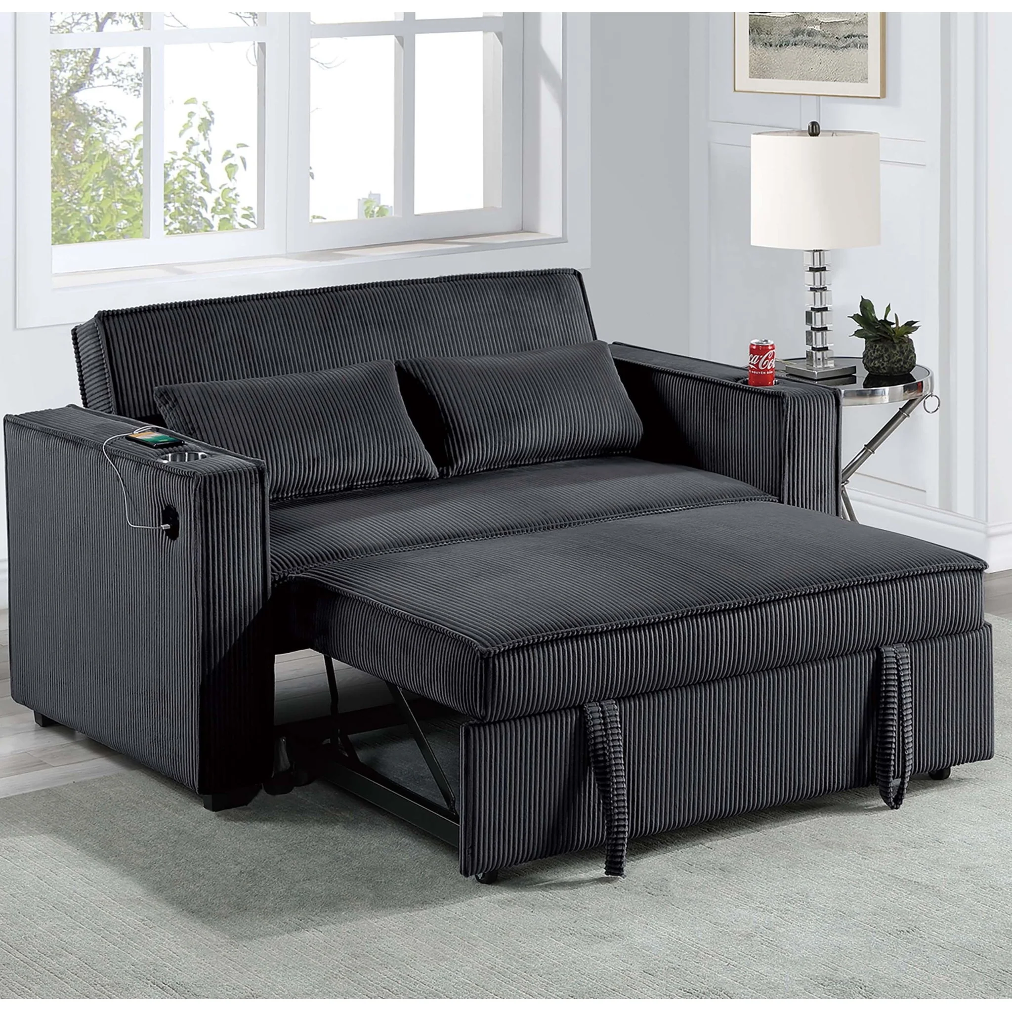 Modern Style Convertible Sofa With Pull-Out Bed, USB Ports & Cup Holders - Image 4