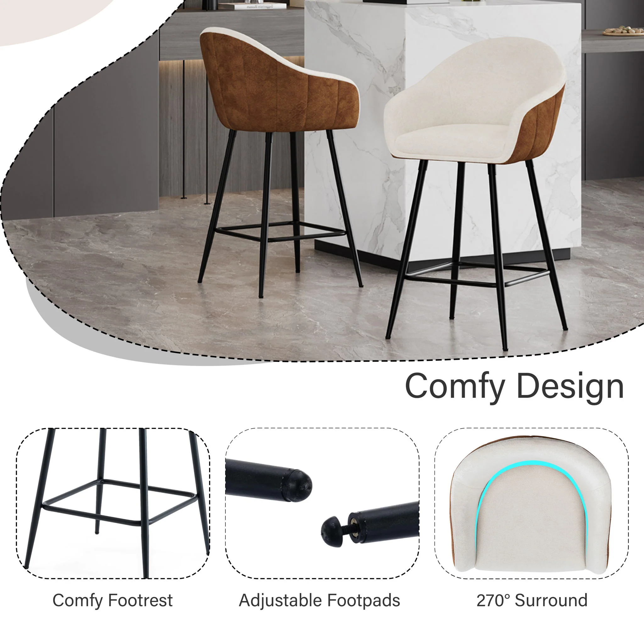 Modern Style Counter Height Bar Stools, With Comfortable Upholstery, Durable Metal Legs Ensure Stability - Brown - Image 2