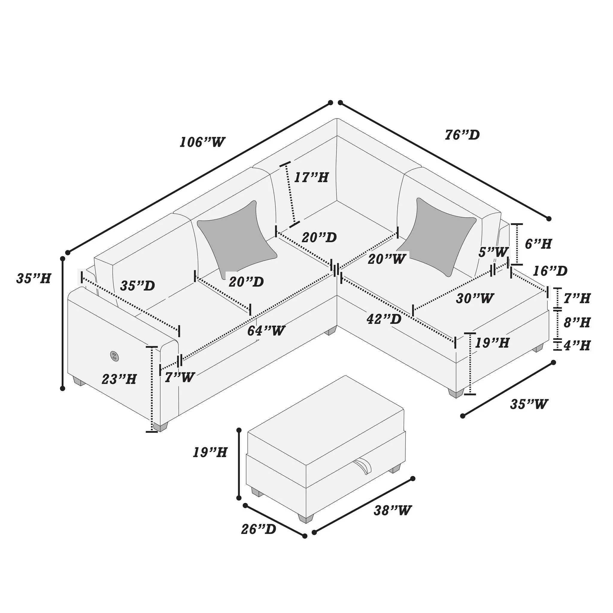 Modern Style Sectional Set With USB Port, Storage Ottoman - Image 11