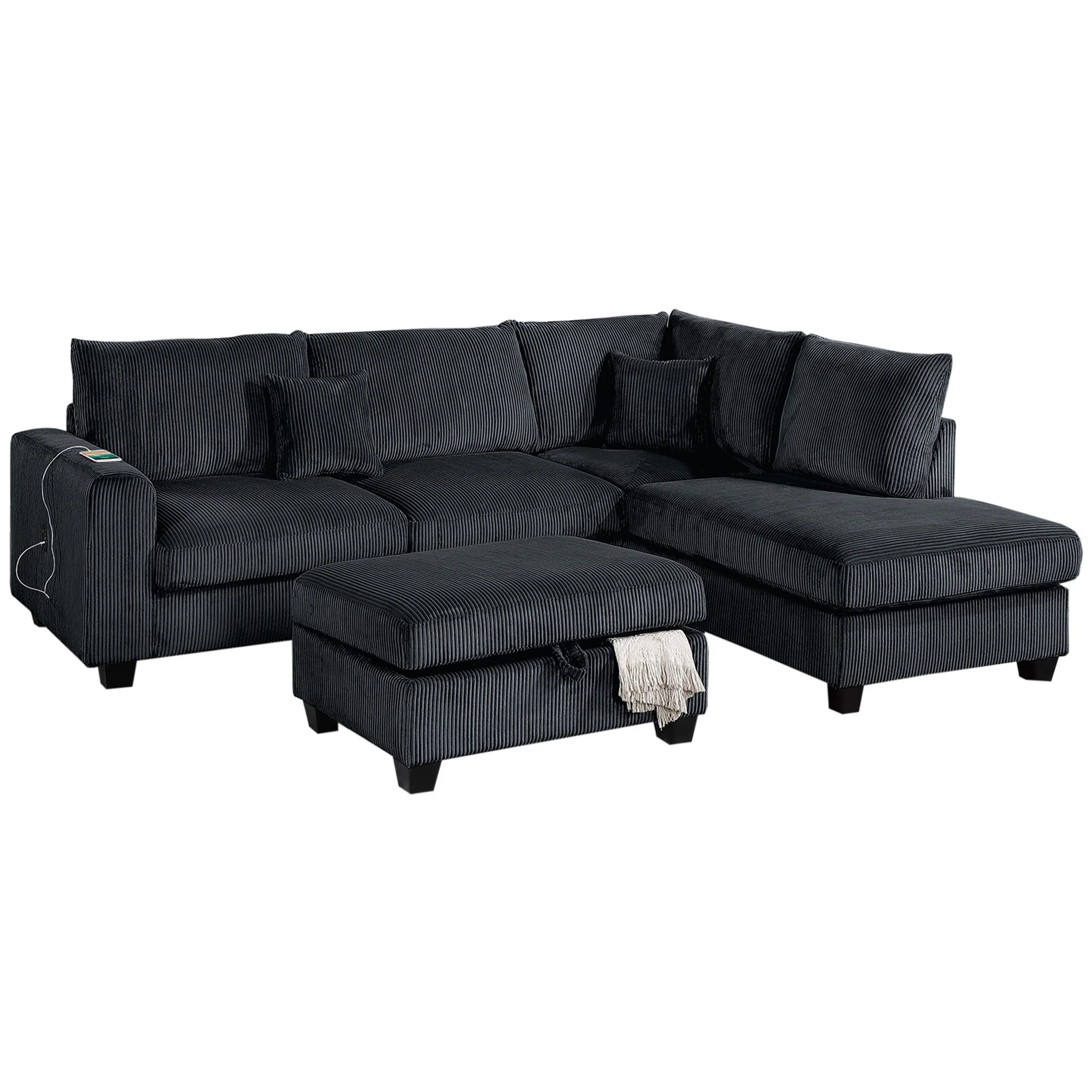 Modern Style Sectional Set With USB Port, Storage Ottoman - Image 2