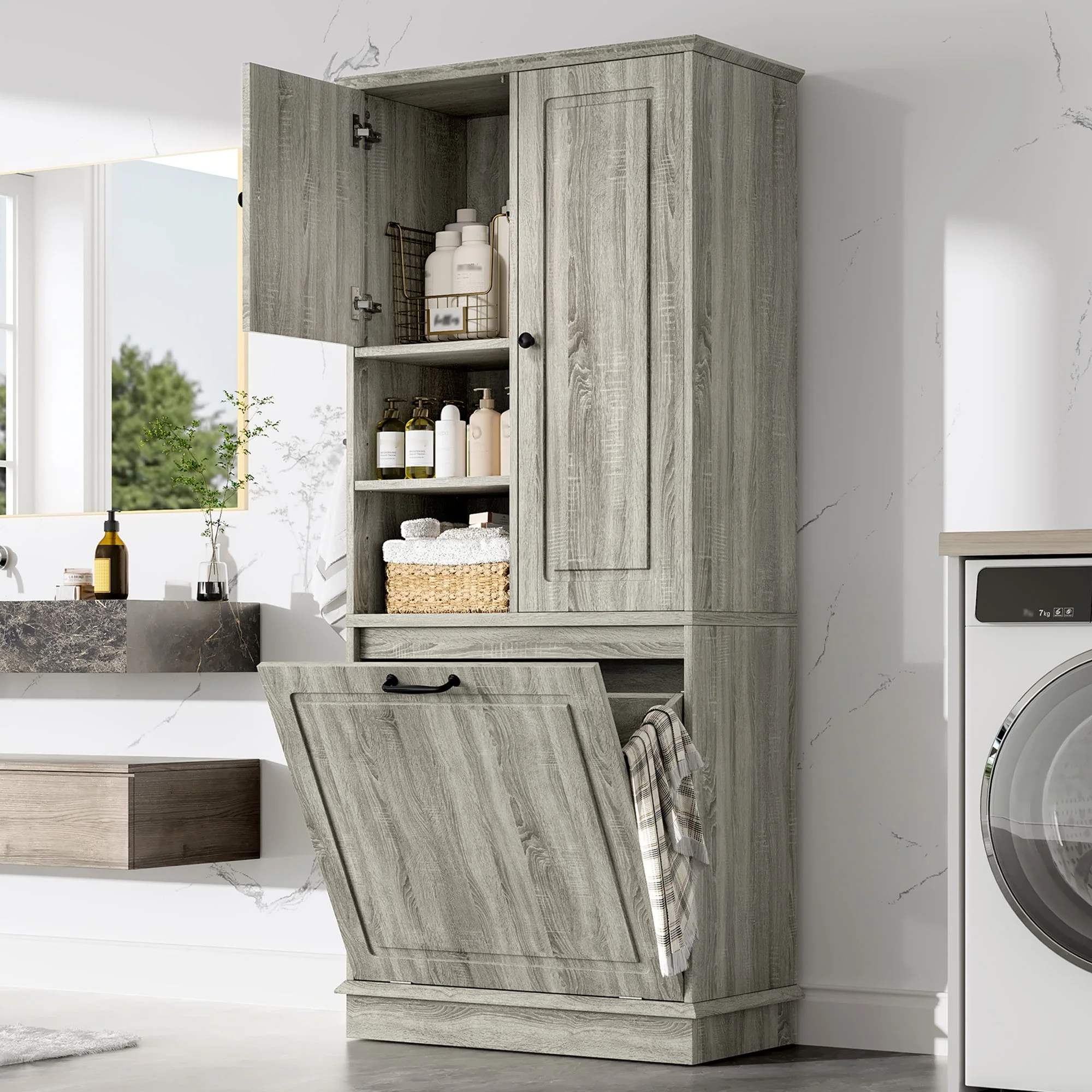 Modern Tall Storage Cabinet With Adjustable Shelves, Flip-Out Basket & Enclosed Doors - Image 18