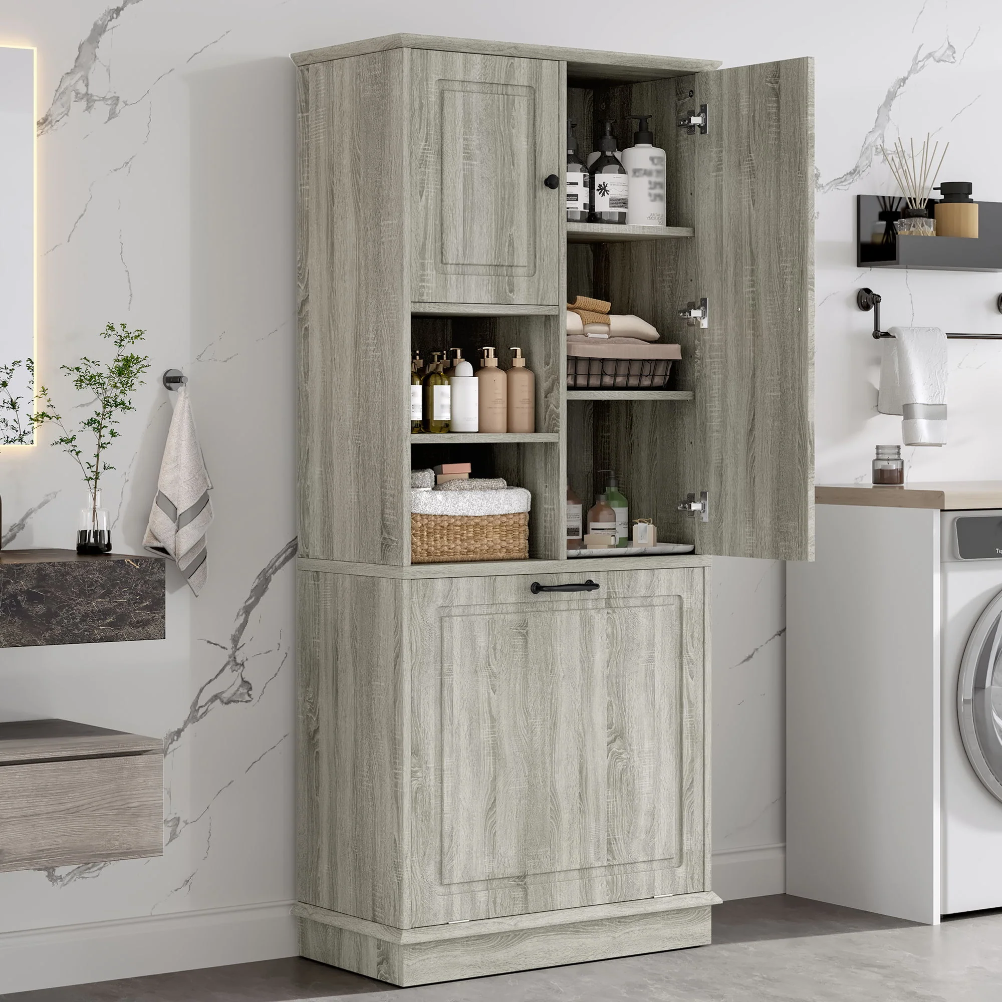 Modern Tall Storage Cabinet With Adjustable Shelves, Flip-Out Basket & Enclosed Doors - Image 24