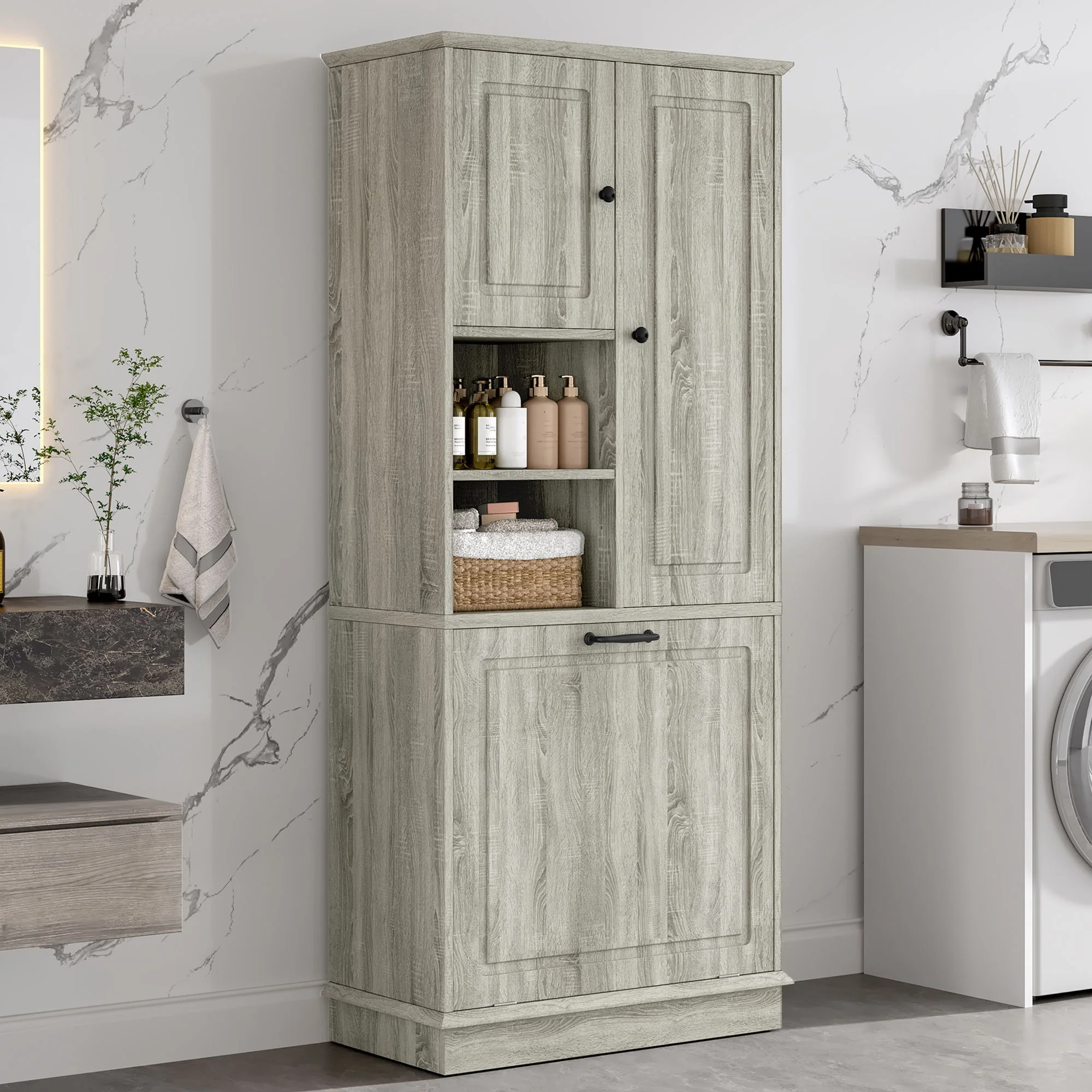 Modern Tall Storage Cabinet With Adjustable Shelves, Flip-Out Basket & Enclosed Doors - Image 7