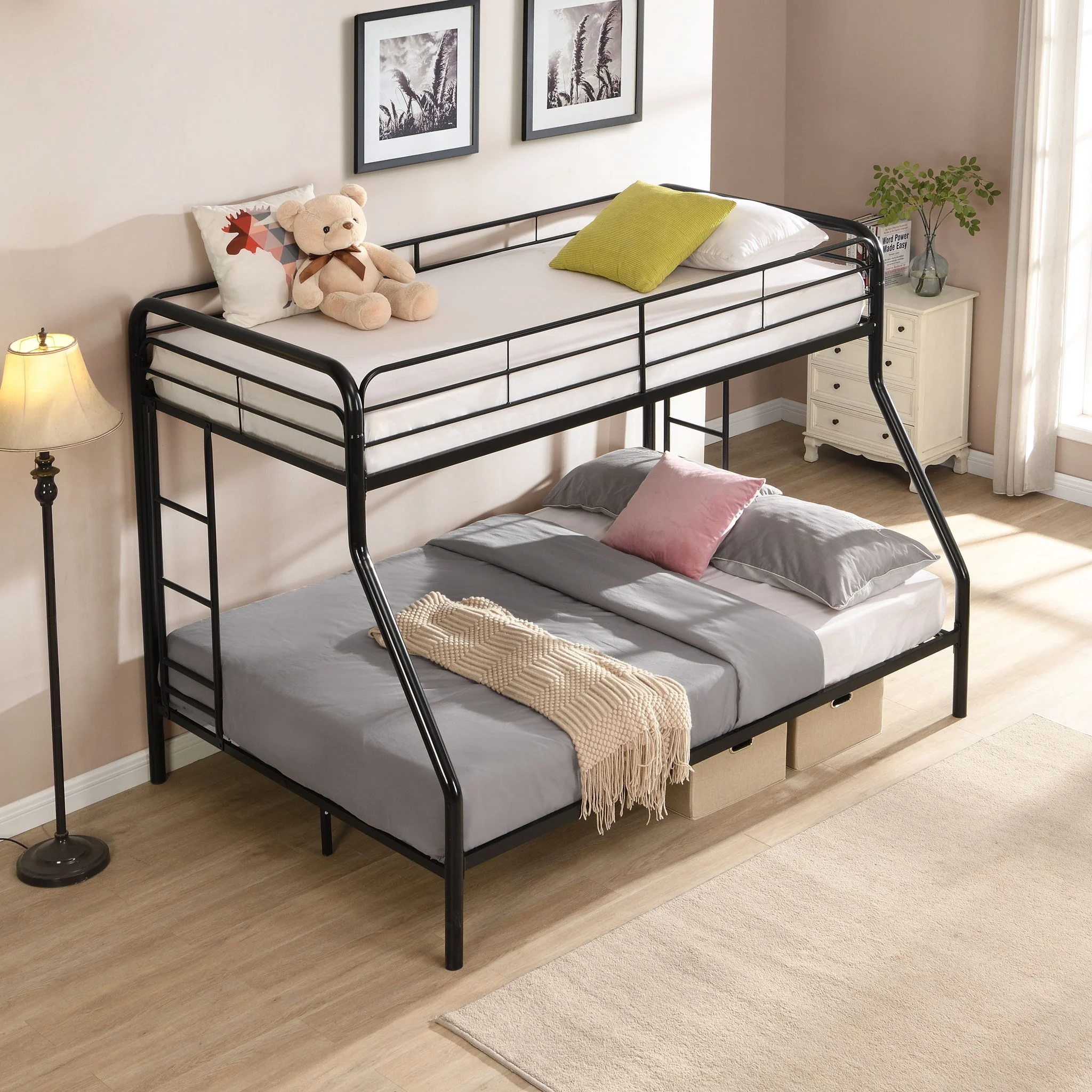 Modern Twin Over Full Metal Bunk Bed With Trundle And Dual Side Ladder And Metal Design - Black / Brown - Image 7