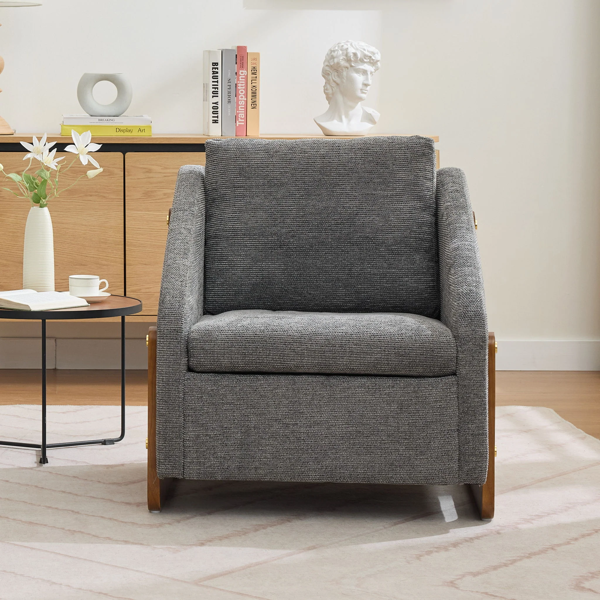 Modern Upholstered Armchair With Wooden Side Frame - Image 12