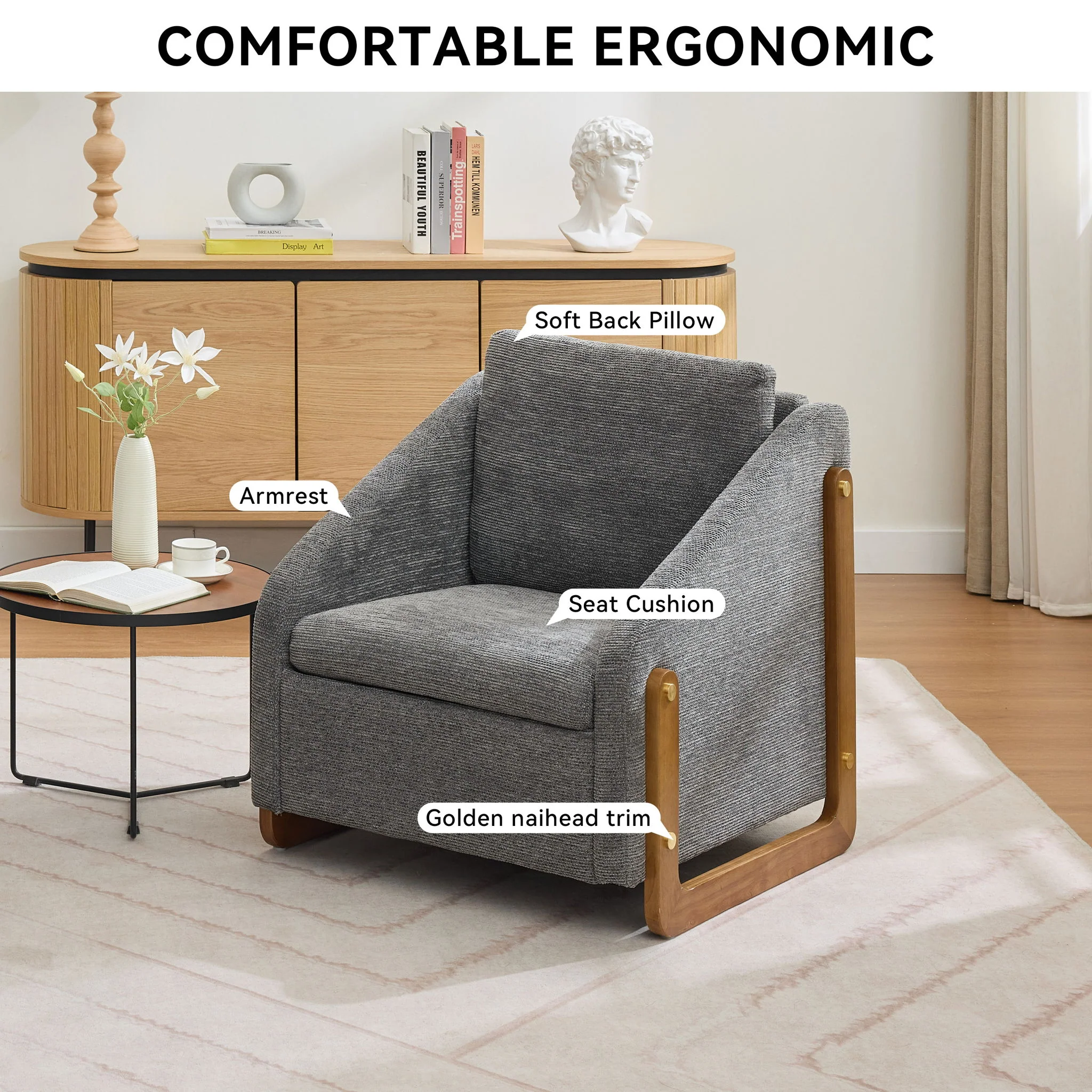 Modern Upholstered Armchair With Wooden Side Frame - Image 25