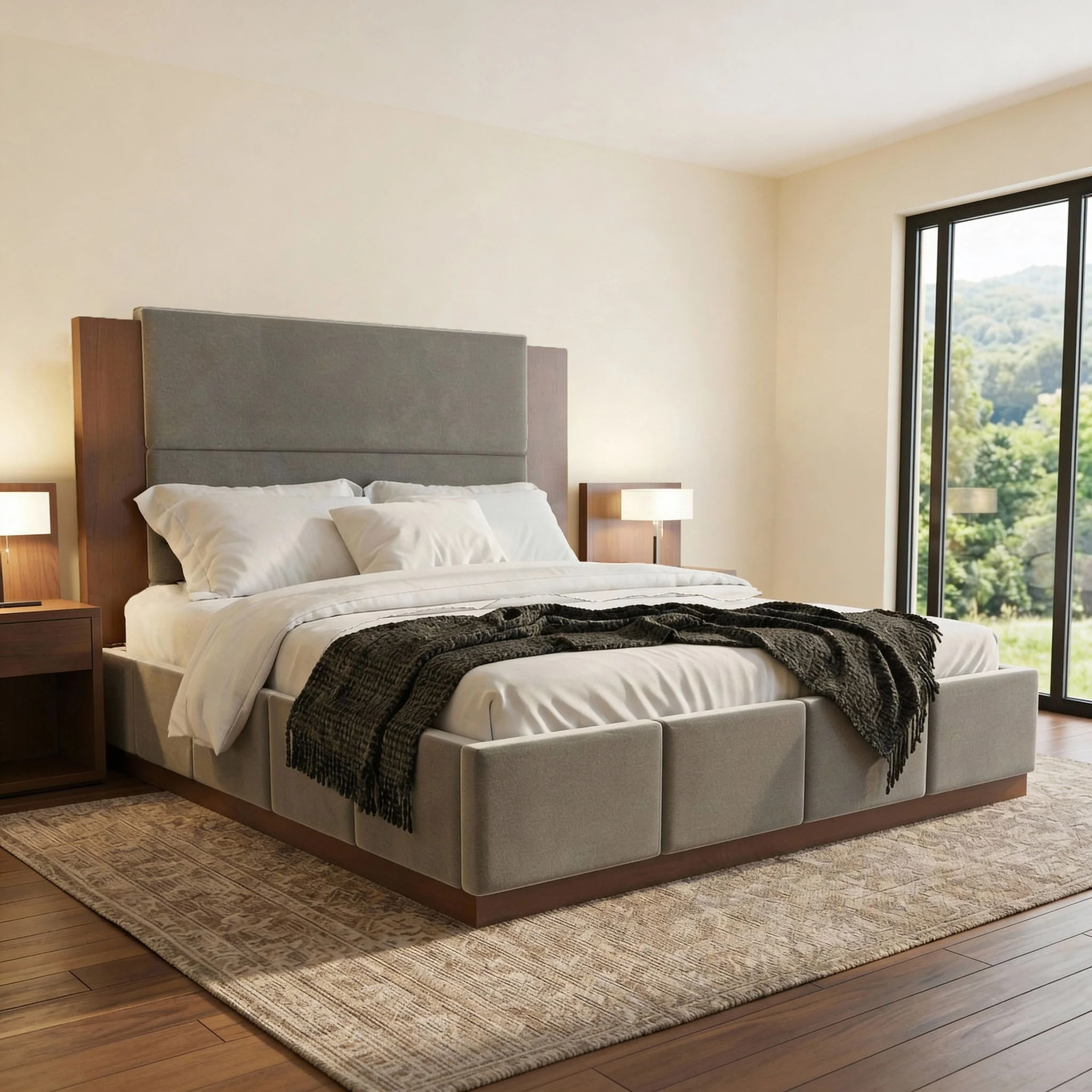 Modern Upholstered Platform Bed With Extended Headboard - Image 10