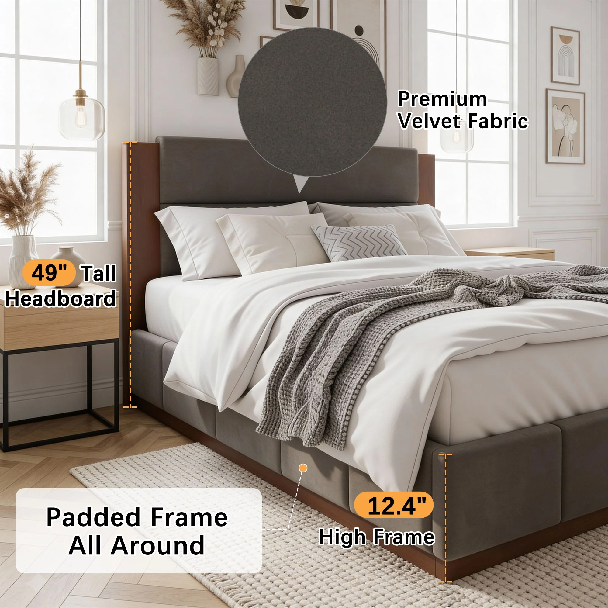 Modern Upholstered Platform Bed With Extended Headboard - Image 19