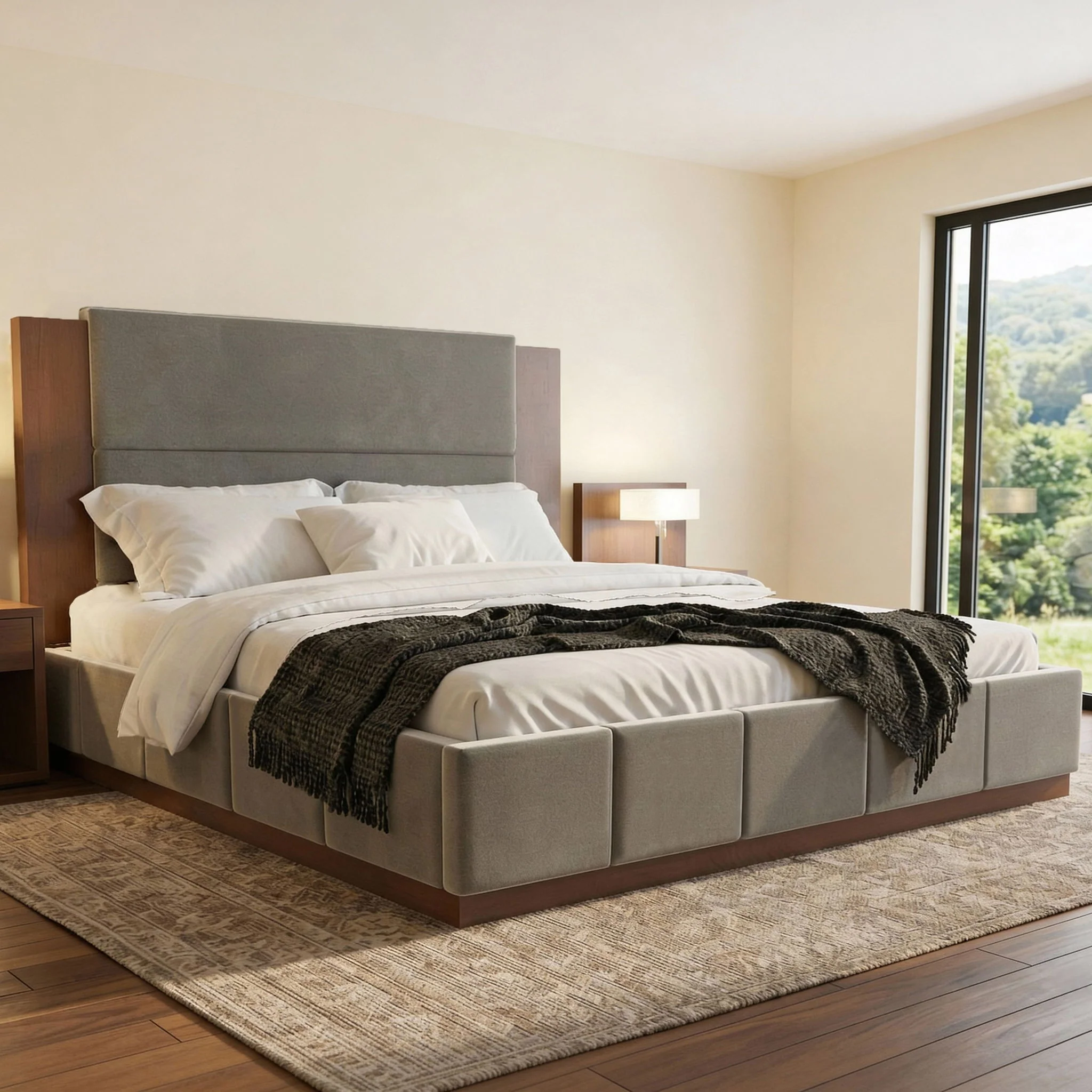 Modern Upholstered Platform Bed With Extended Headboard - Image 8