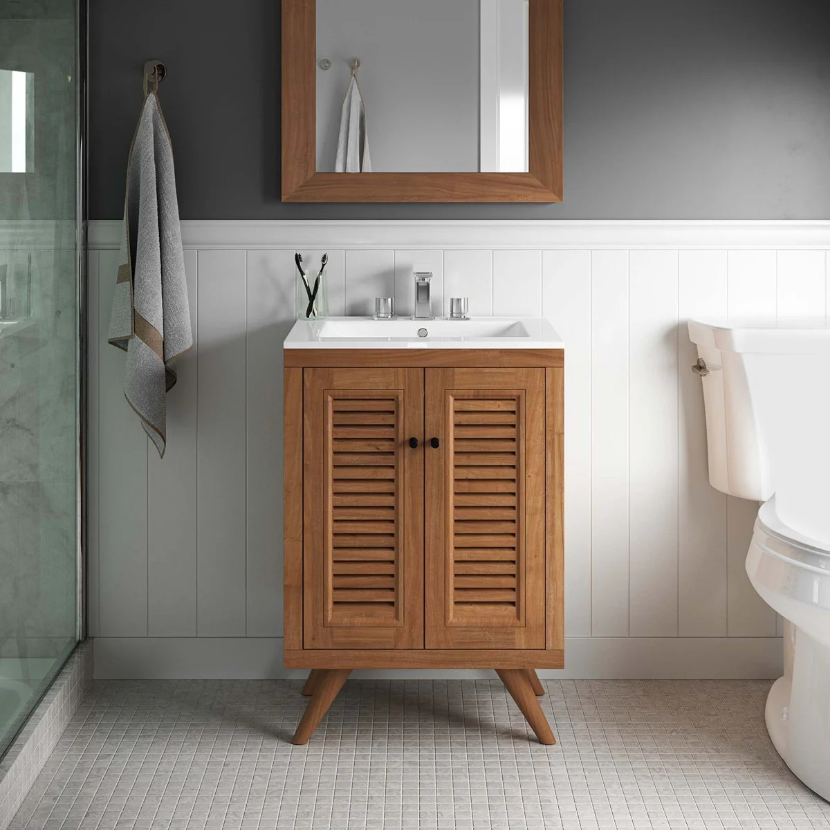 Natural Teak Wood Bathroom Vanity Cabinet – Coastal Slatted Design with Storage - Image 10