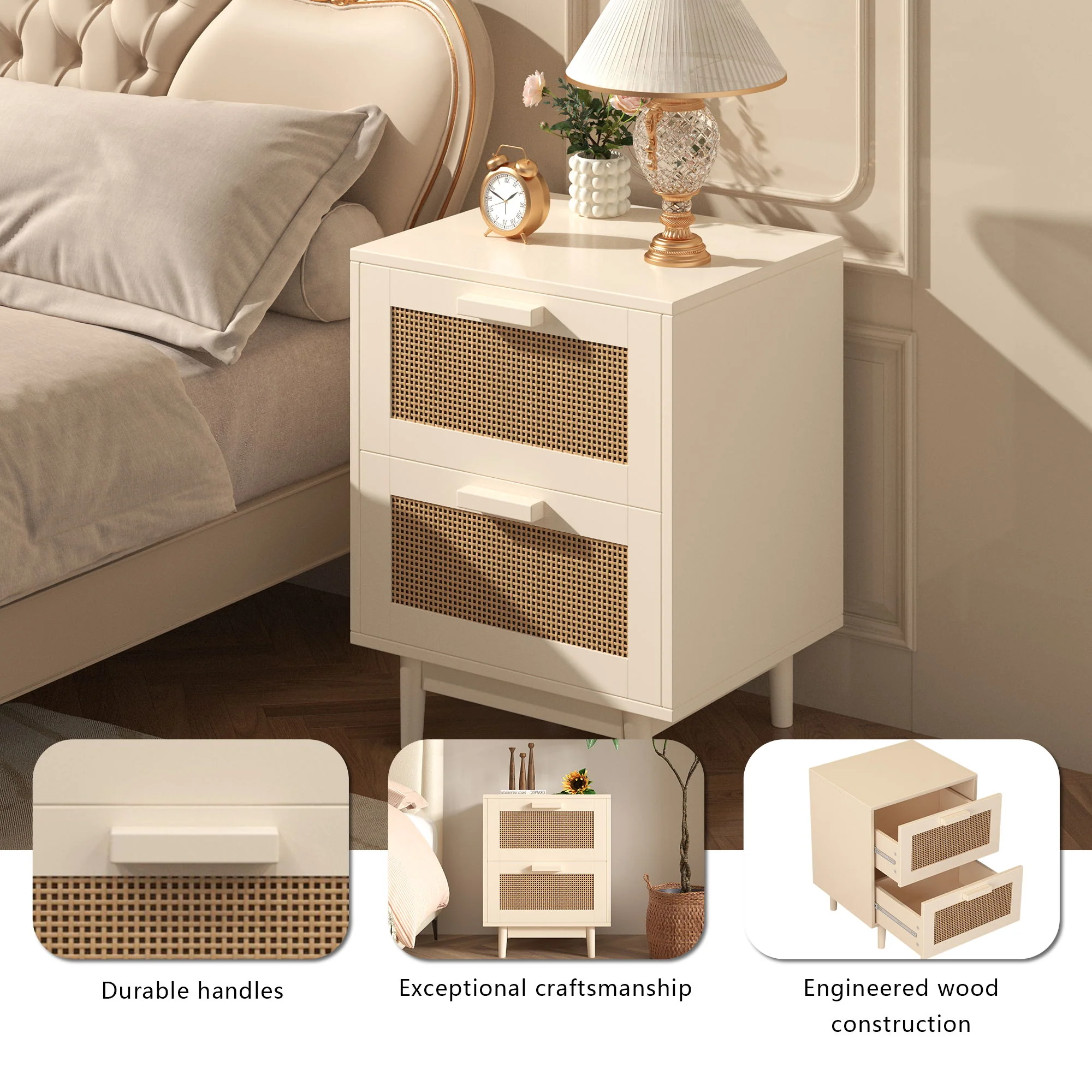 Nightstand With 2 Drawers, Storage Side Table For Bedroom - Antique Natural / Rattan - Image 9