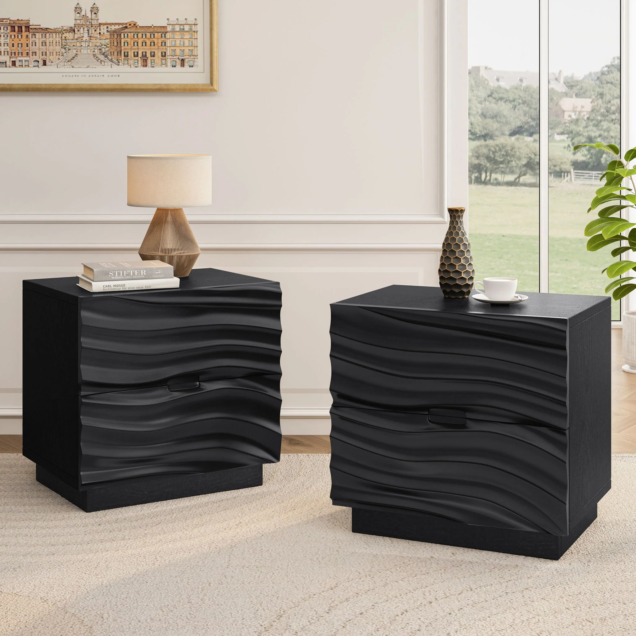 Nightstands, Bedside Table With 2 Drawers (Set of 2) - Black - Image 6