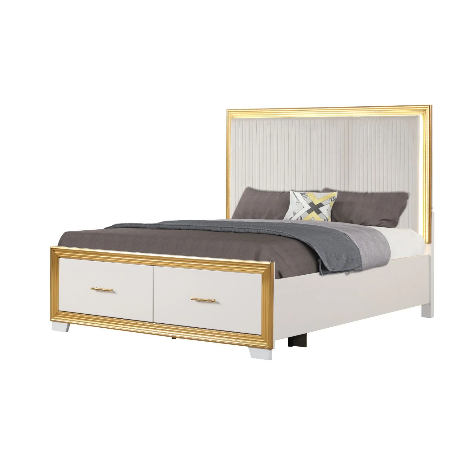 Obsession - Queen Size Bed With LED Headboard And Footboard Storage Drawer - White - Image 2