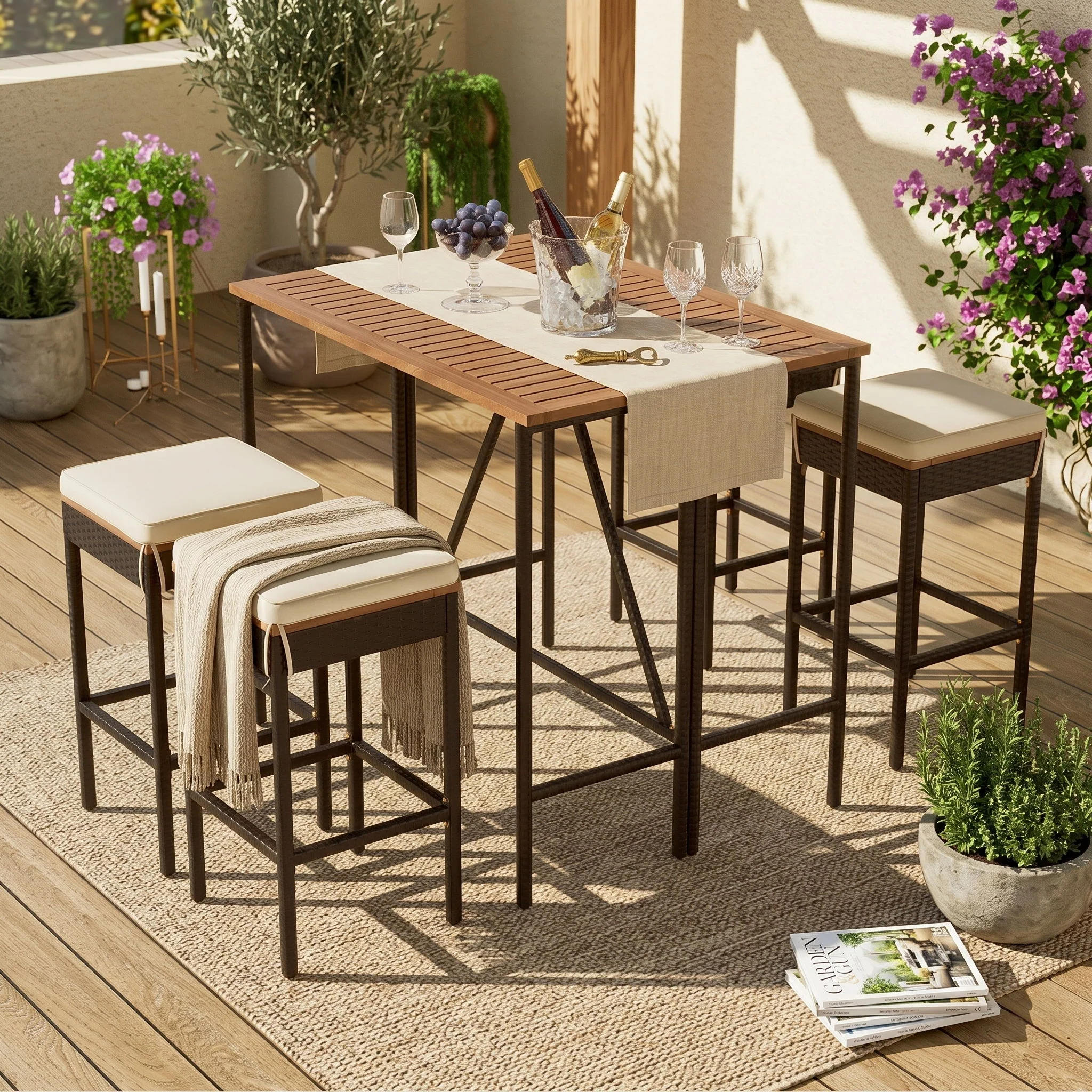 Outdoor Acacia Wood Bar Height Table And Eight Stools With Cushions - Image 2