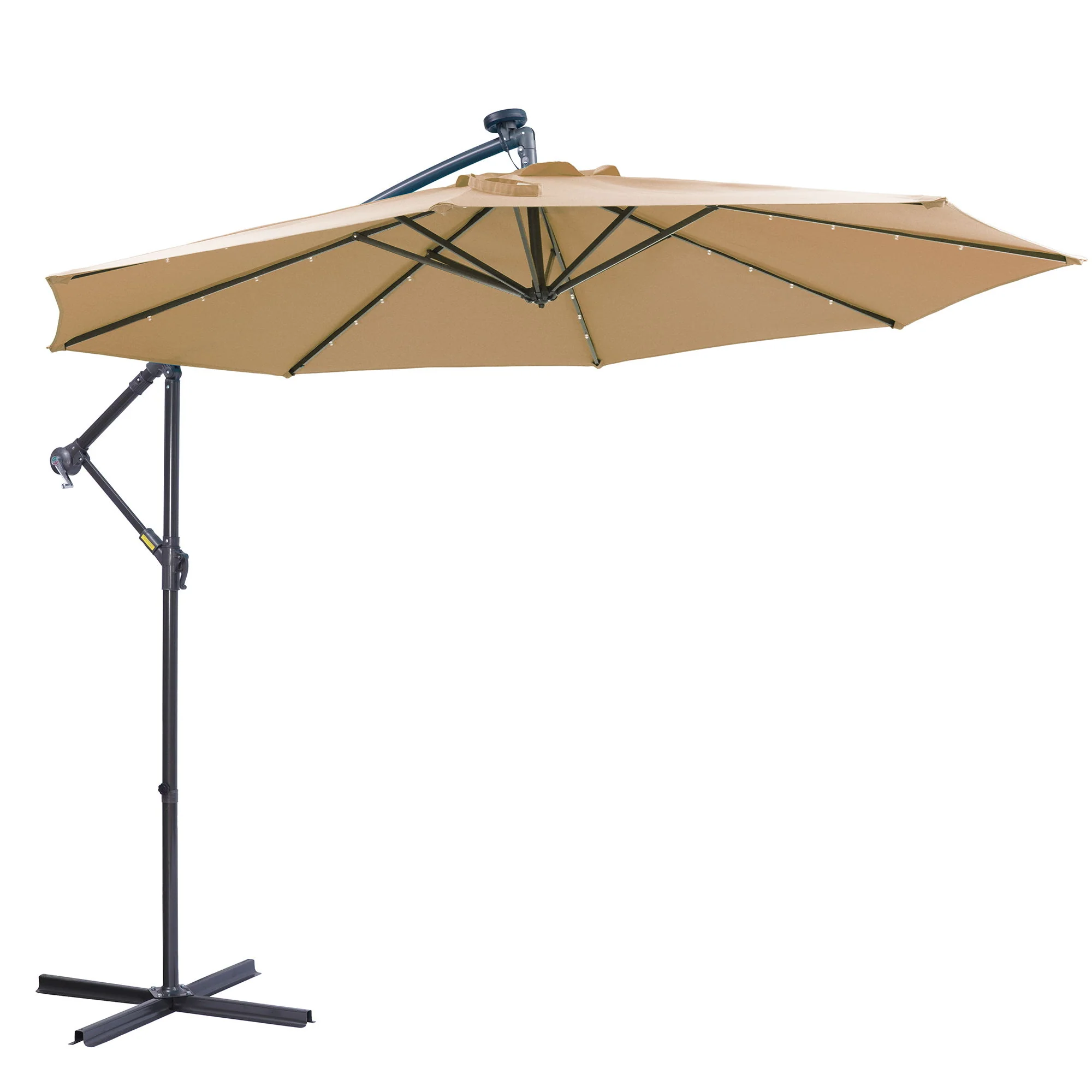 Outdoor Cantilever Patio Umbrella With 32 LED Lights 10 Ft Hanging Design Easy Open Adjustment Metal Frame - Taupe - Image 6